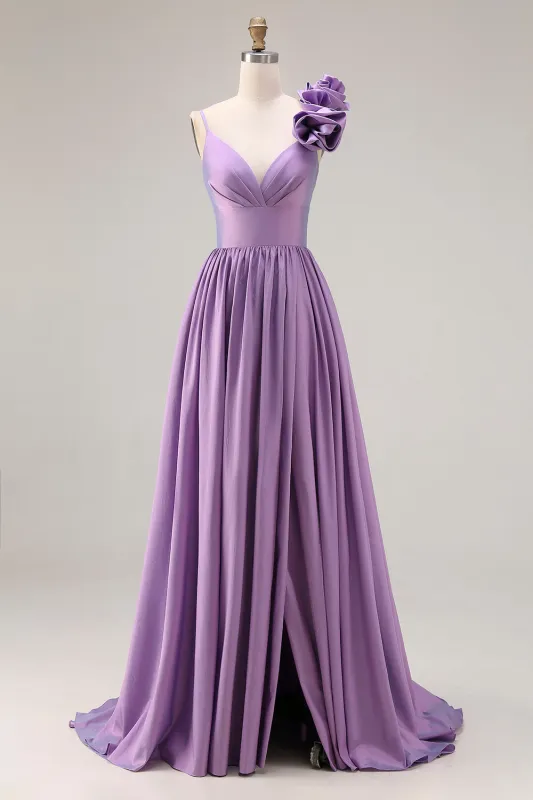 Purple A-Line Spaghetti Straps 3D Flower Ruched Long Prom Dress with Slit sold by Zapaka