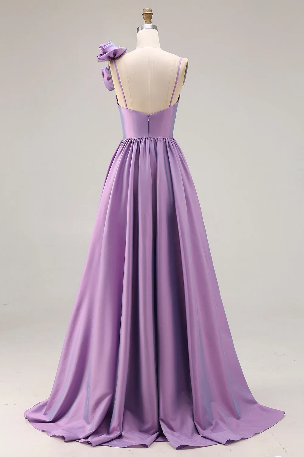 Purple A-Line Spaghetti Straps 3D Flower Ruched Long Prom Dress with Slit sold by Zapaka product image thumbnail 2