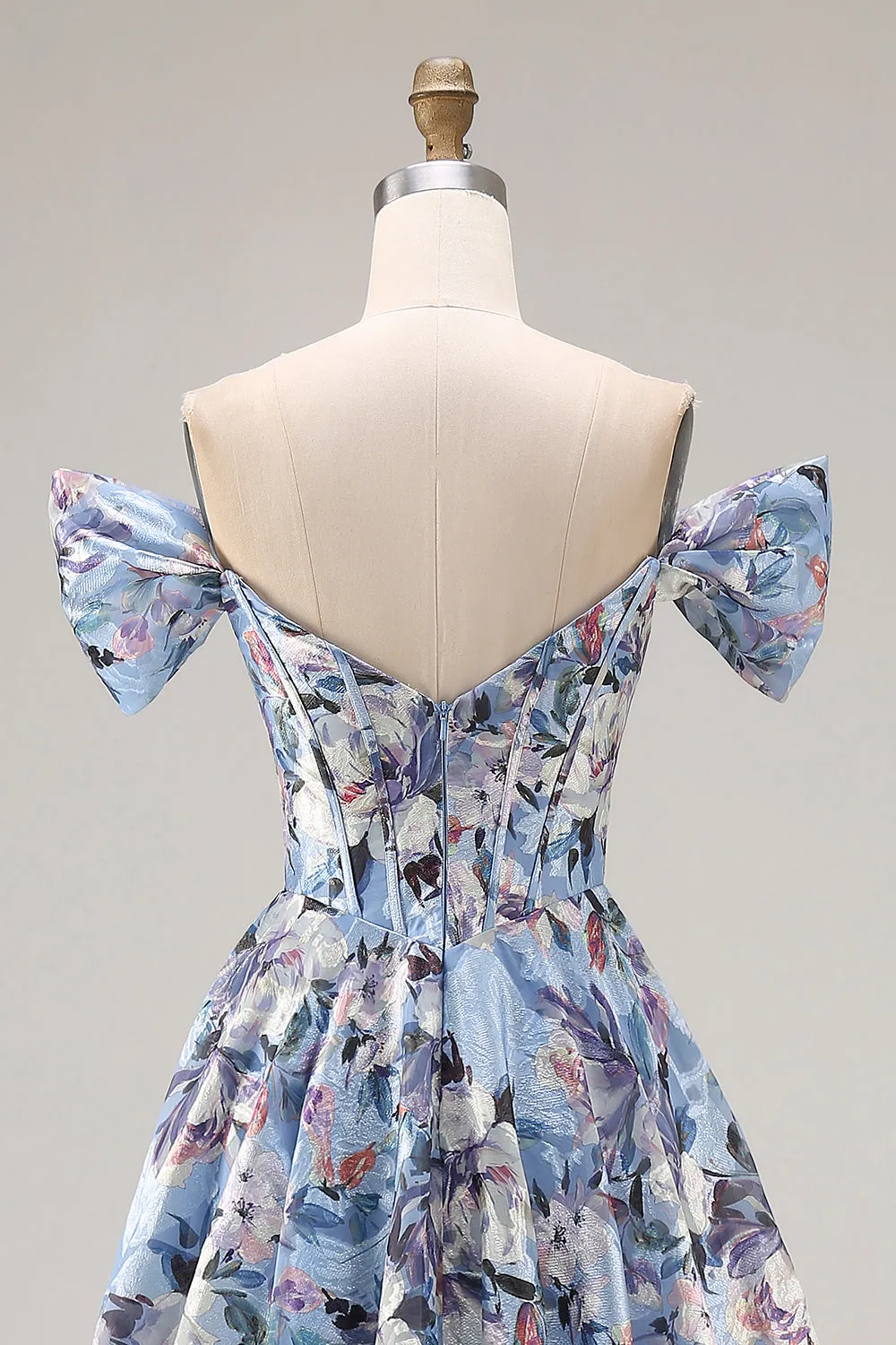 Blue A-Line Off The Shoulder Corset Floral Long Prom Dress with Slit sold by Zapaka product image thumbnail 5