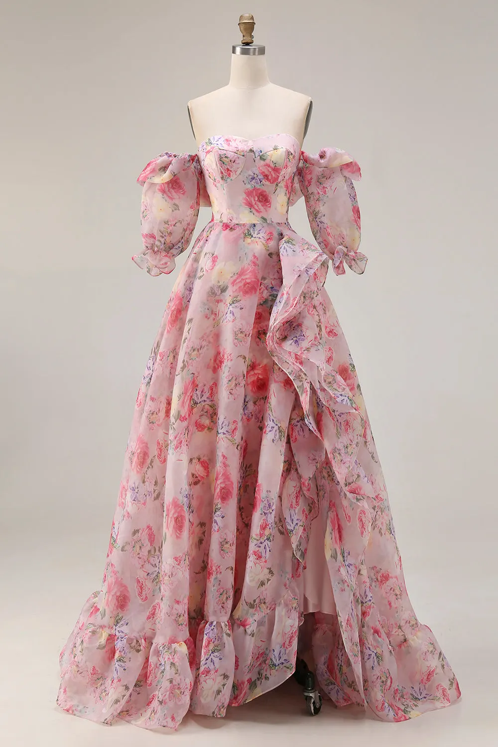 Pink Floral A Line Off The Shoulder Puff Sleeves Chiffon Long Prom Dress with Ruffled Skirt sold by Zapaka