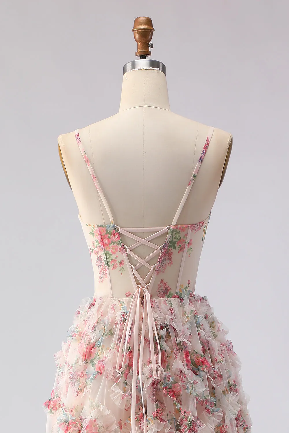 Light Pink A-Line Floral Printed Corset Long Prom Dress with Ruffles sold by Zapaka product image thumbnail 5