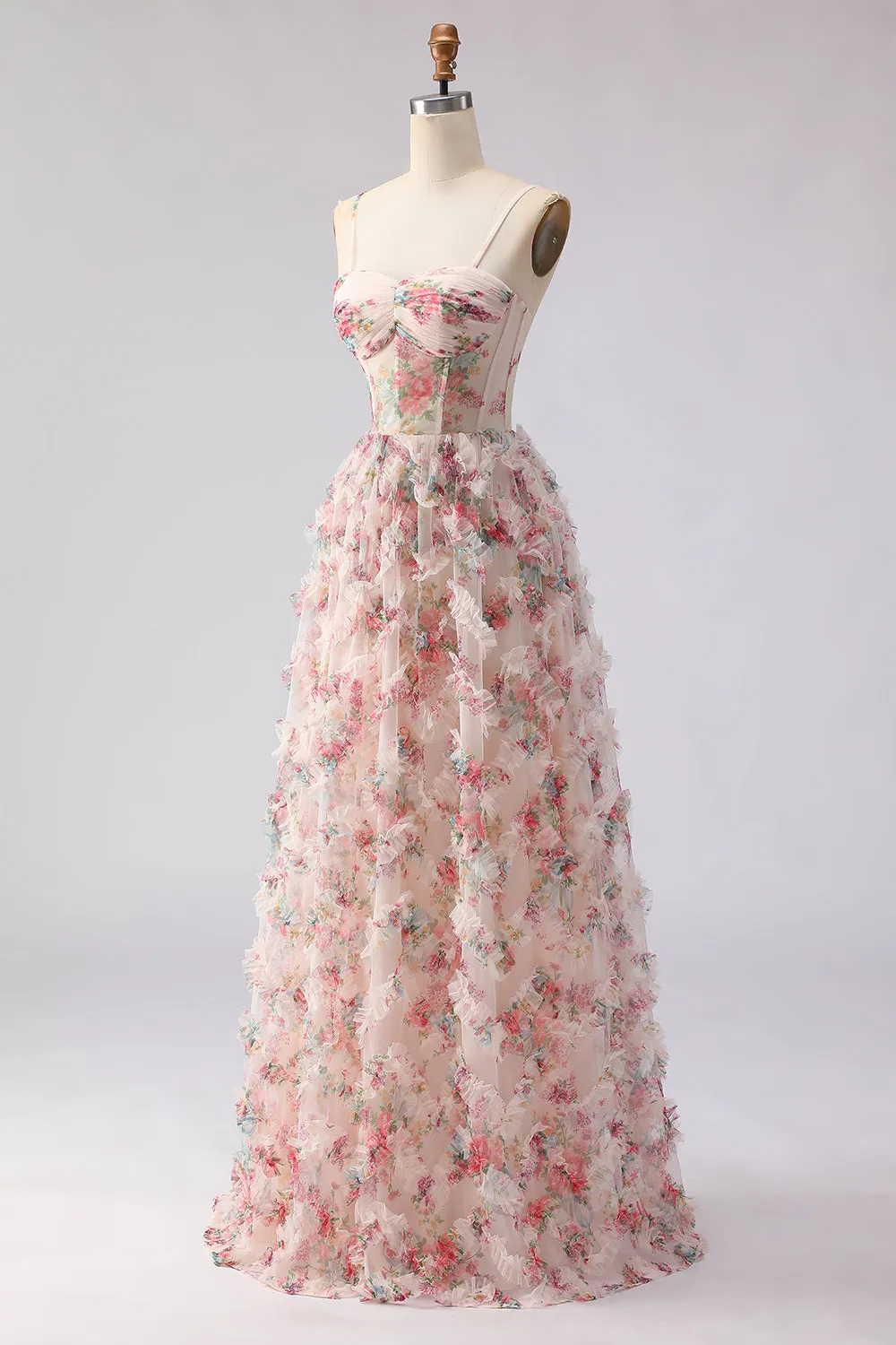 Light Pink A-Line Floral Printed Corset Long Prom Dress with Ruffles sold by Zapaka product image thumbnail 3
