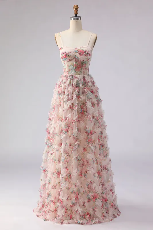 Light Pink A-Line Floral Printed Corset Long Prom Dress with Ruffles sold by Zapaka