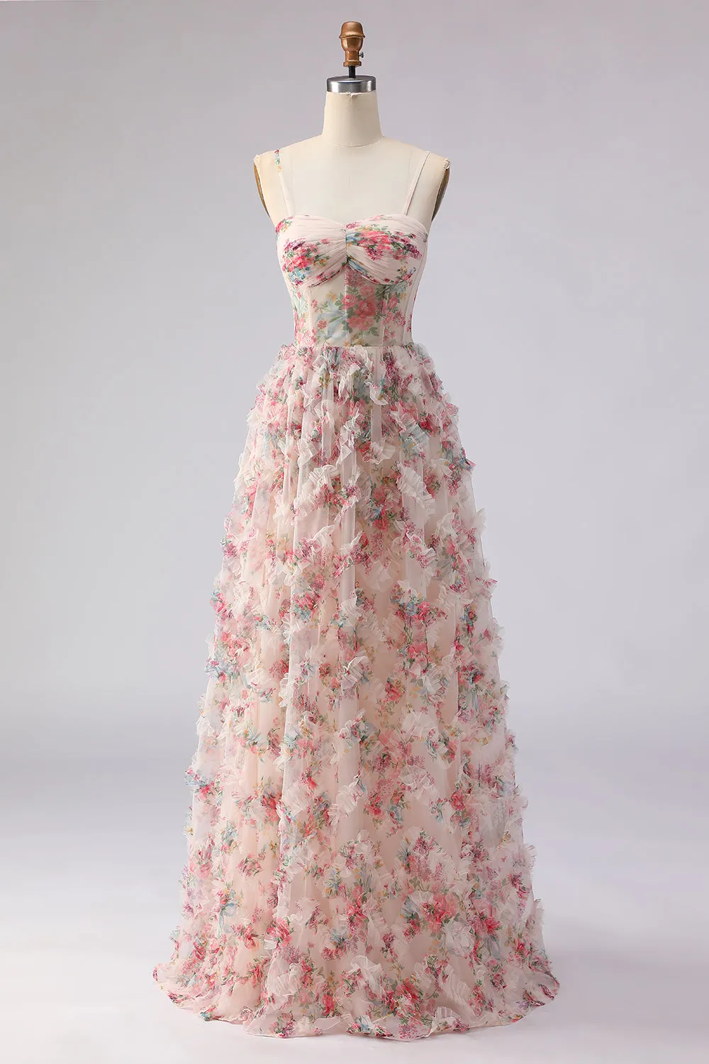 Light Pink A-Line Floral Printed Corset Long Prom Dress with Ruffles sold by Zapaka