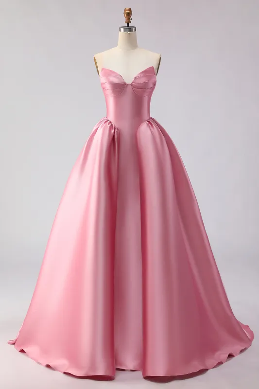 Blush Pink A Line Sweetheart Satin Long Prom Dress with Structured Bodice and Full Skirt sold by Zapaka