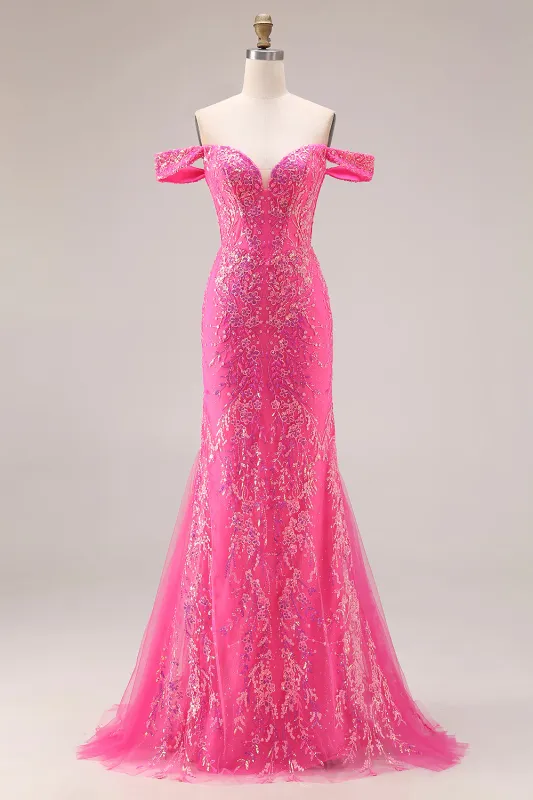 Sparkly Fuchsia Mermaid Off The Shoulder Convertible Long Prom Dress with Sequins sold by Zapaka