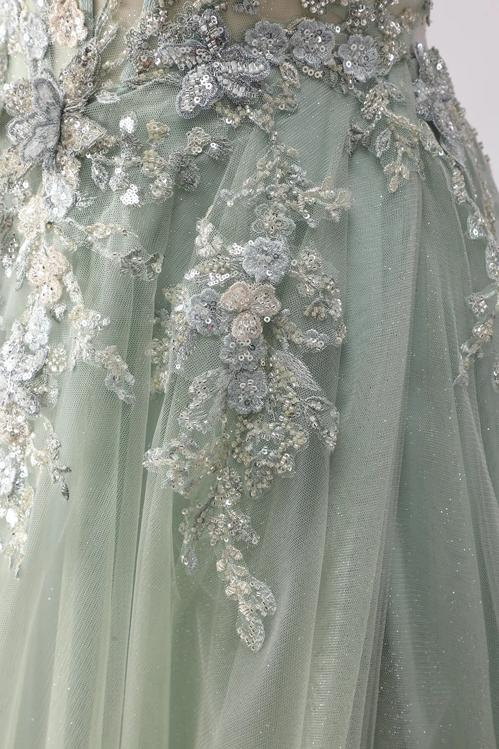 Sage Green A-Line Beaded Long Tulle Prom Dress with Embroidery sold by Zapaka product image thumbnail 5