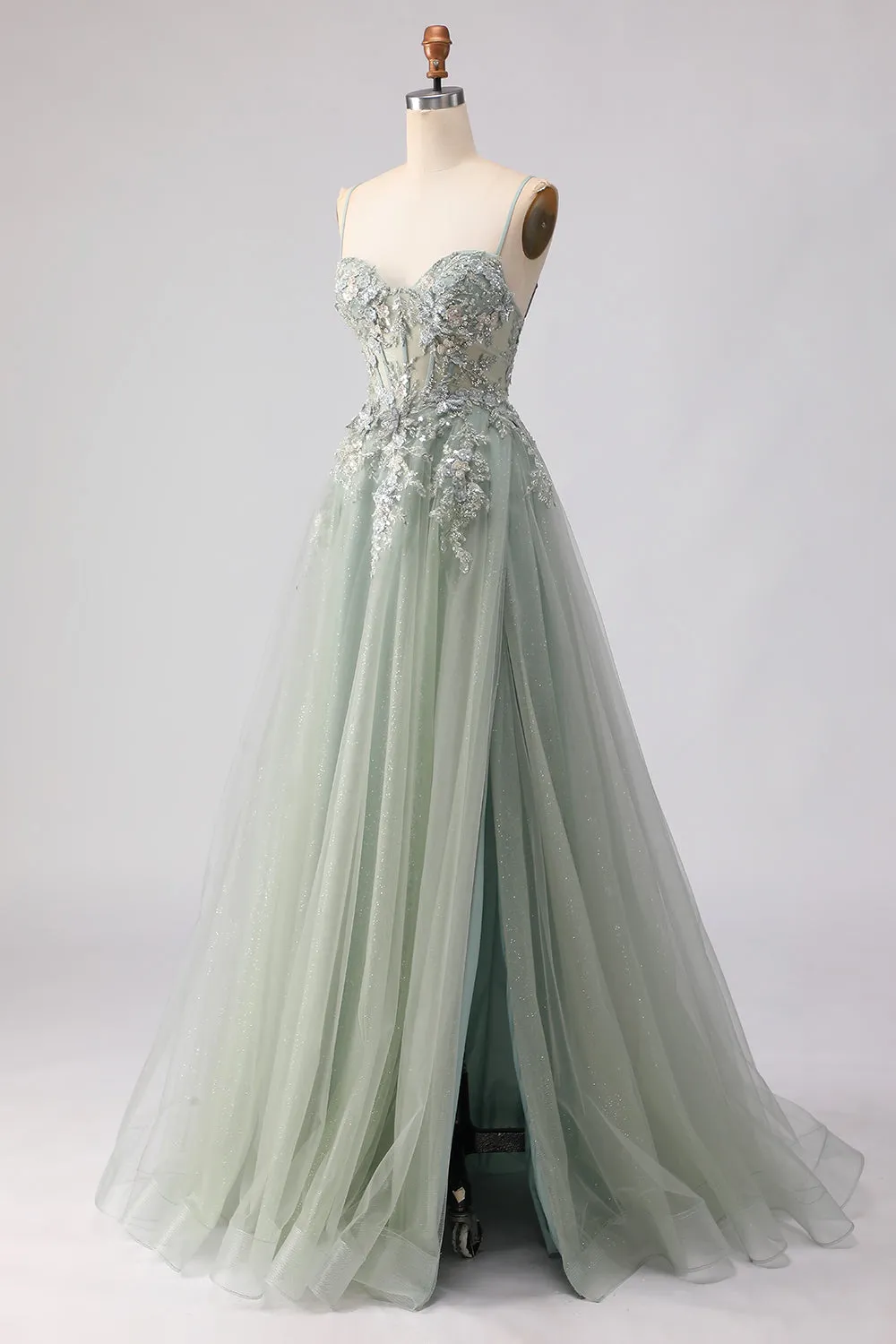 Sage Green A-Line Beaded Long Tulle Prom Dress with Embroidery sold by Zapaka product image thumbnail 3