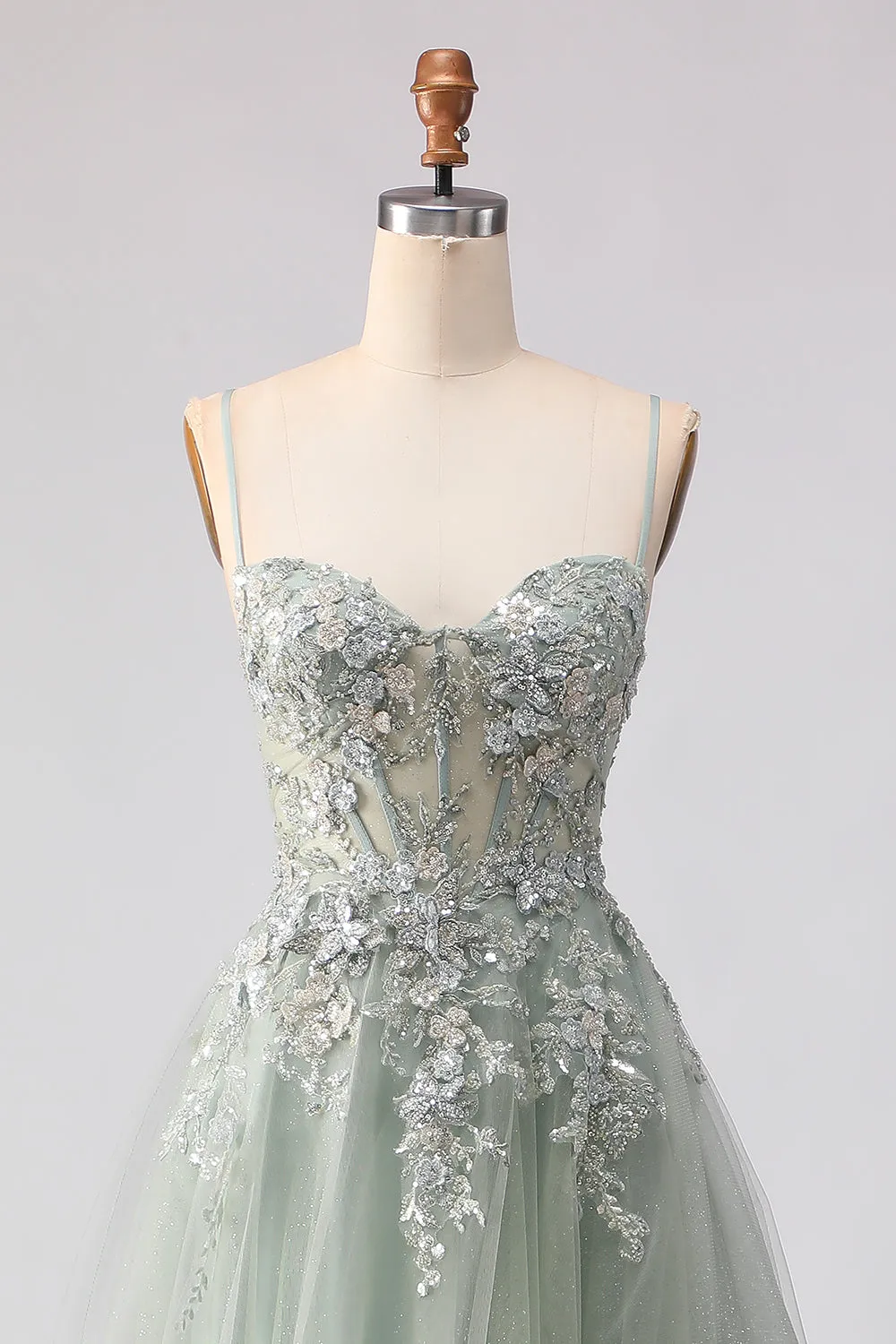 Sage Green A-Line Beaded Long Tulle Prom Dress with Embroidery sold by Zapaka product image thumbnail 4