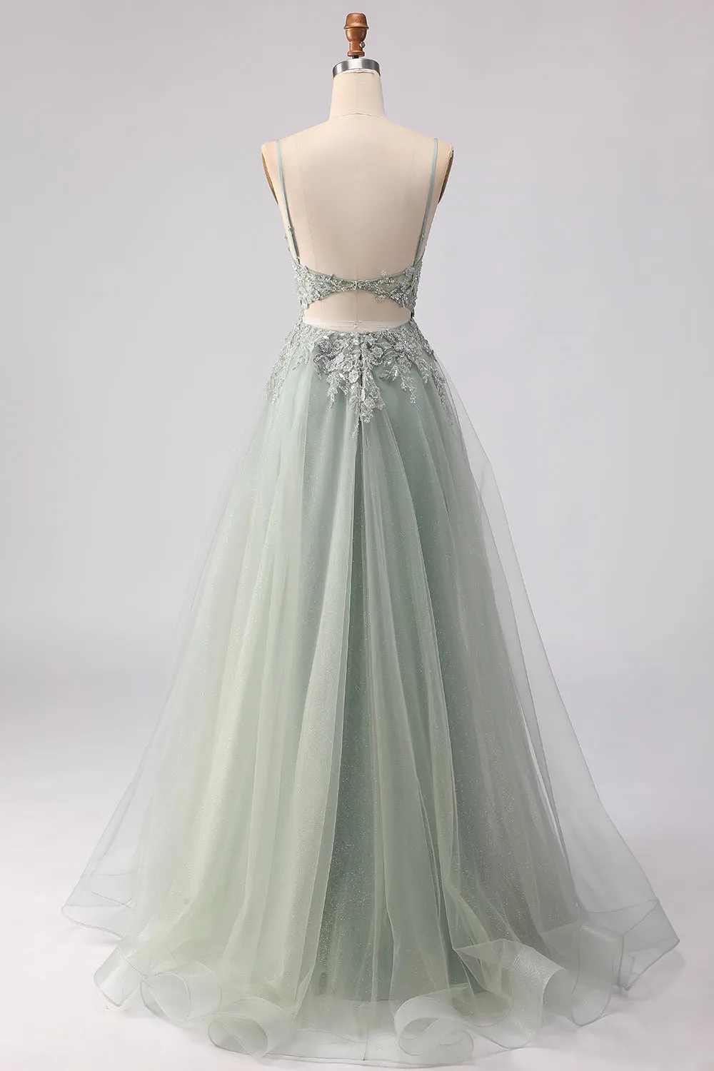 Sage Green A-Line Beaded Long Tulle Prom Dress with Embroidery sold by Zapaka product image thumbnail 2