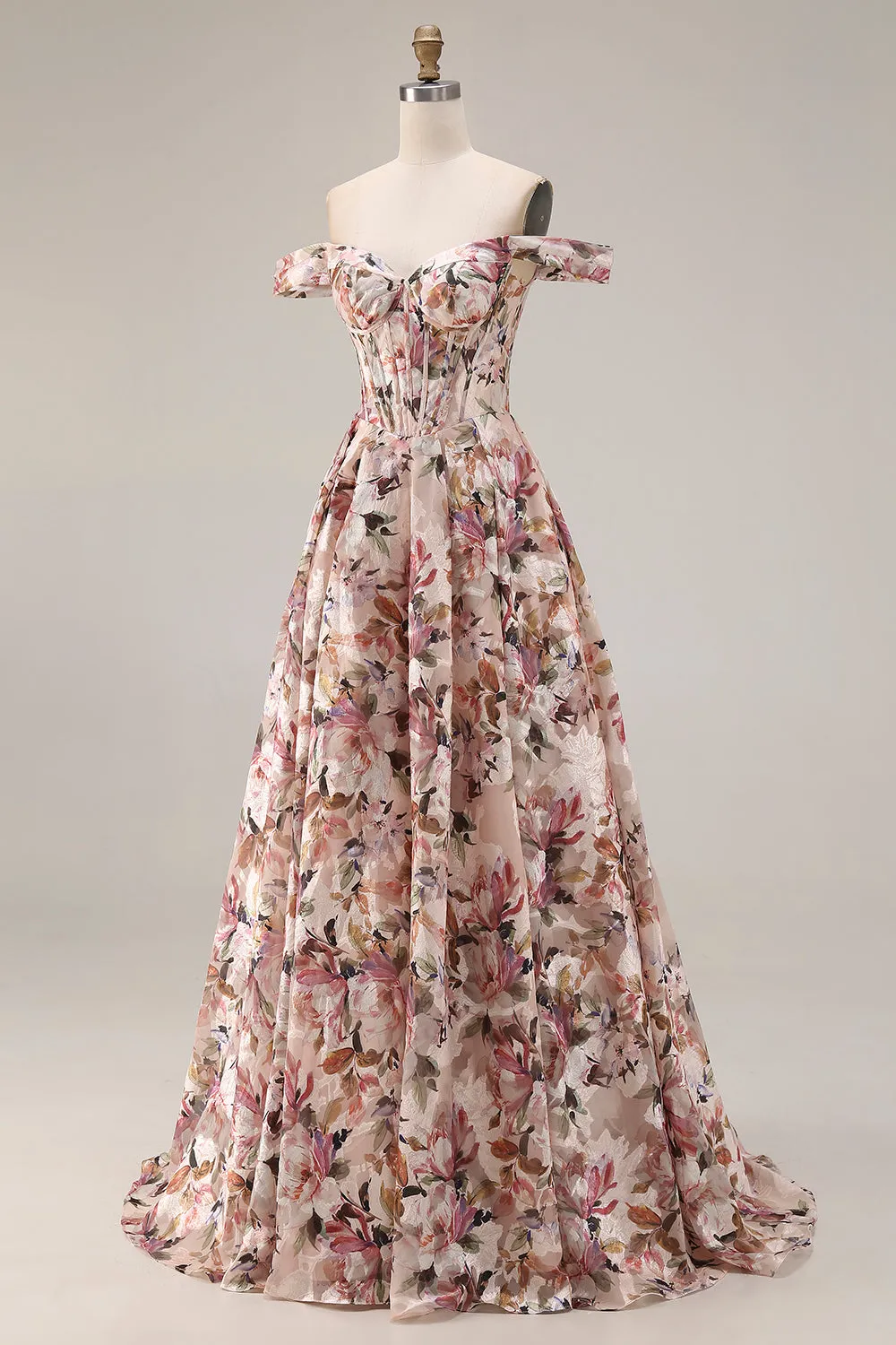 Off The Shoulder Floral A-Line Corset Desert Rose Long Prom Dress sold by Zapaka product image thumbnail 3