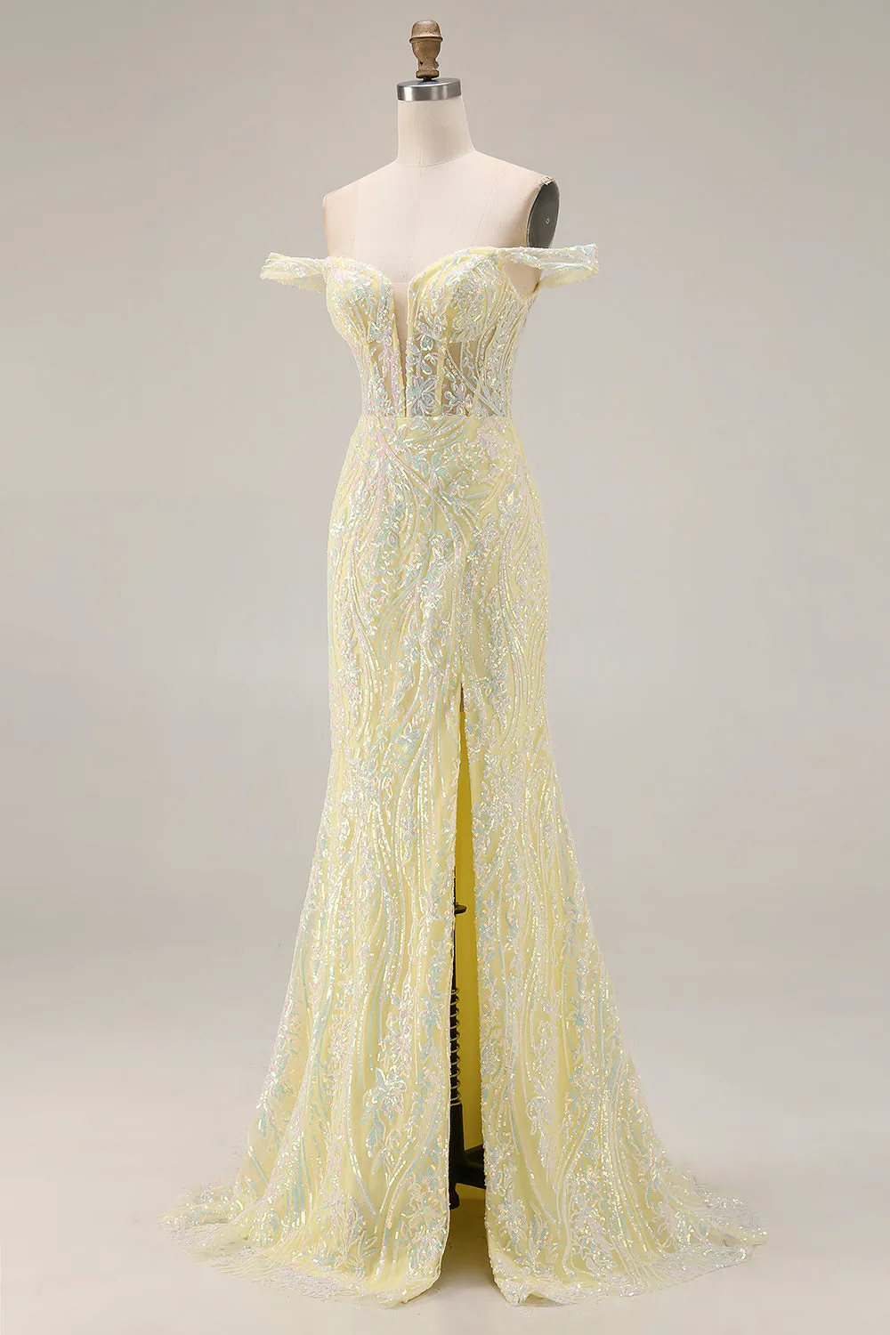 Off The Shoulder Sequins Mermaid Light Yellow Long Prom Dress with Slit sold by Zapaka product image thumbnail 3