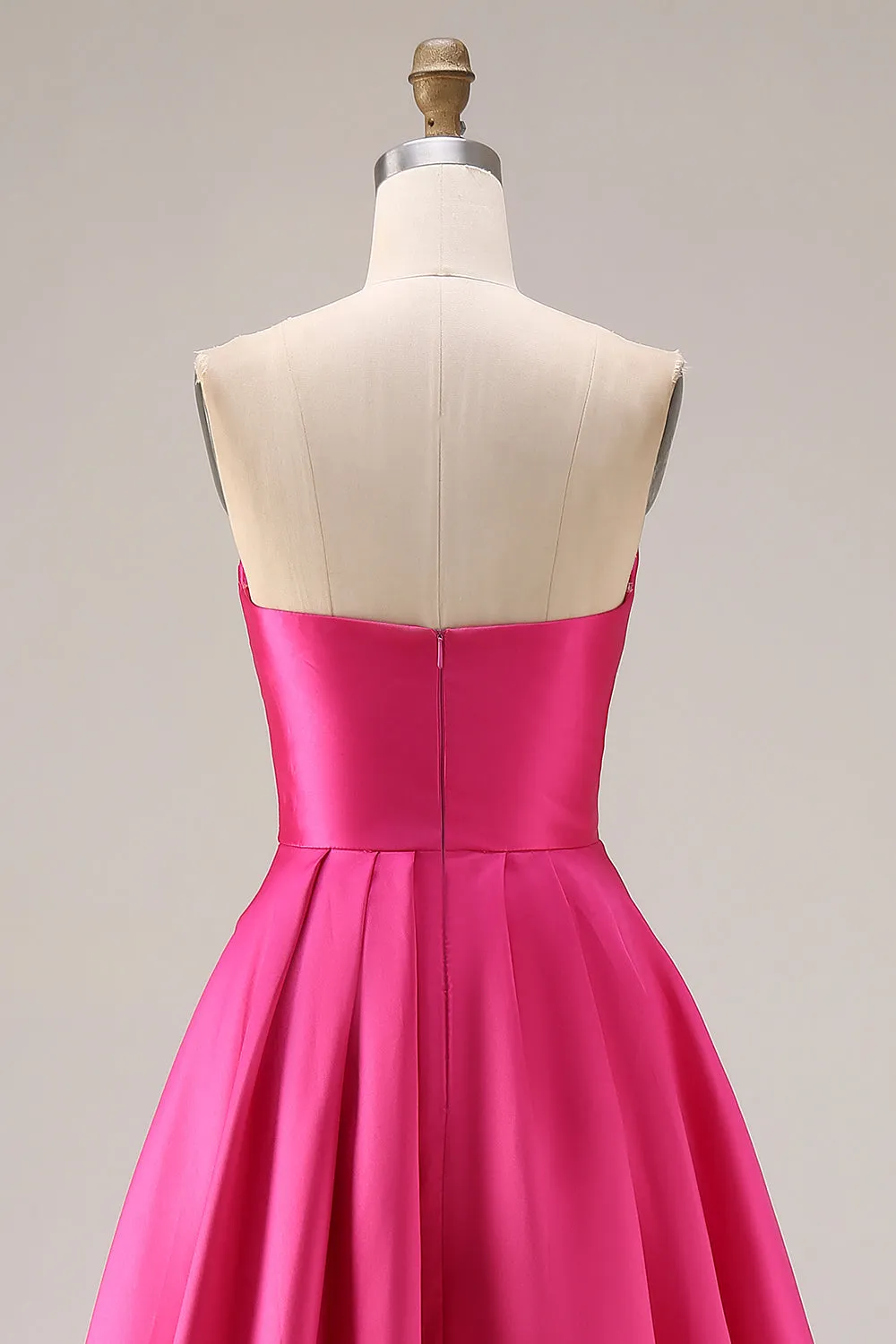 Elegant Hot Pink A-Line Strapless Pleated Bodice Satin Long Prom Dress sold by Zapaka product image thumbnail 5
