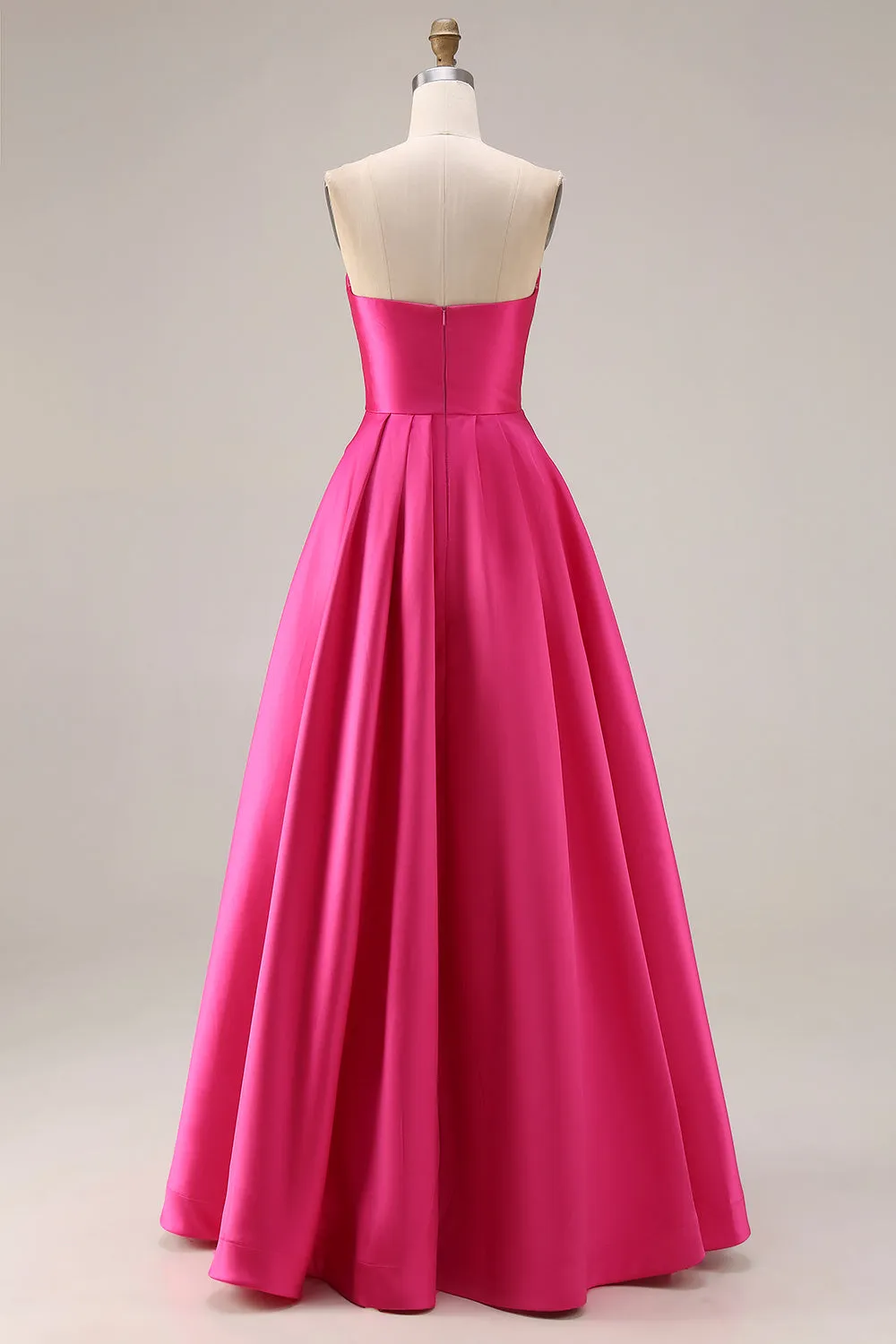Elegant Hot Pink A-Line Strapless Pleated Bodice Satin Long Prom Dress sold by Zapaka product image thumbnail 2