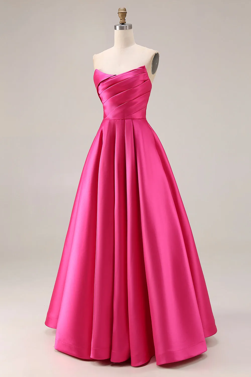 Elegant Hot Pink A-Line Strapless Pleated Bodice Satin Long Prom Dress sold by Zapaka product image thumbnail 3