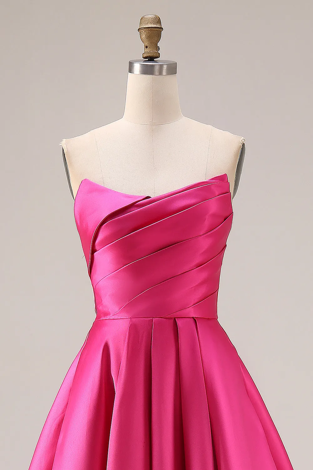 Elegant Hot Pink A-Line Strapless Pleated Bodice Satin Long Prom Dress sold by Zapaka product image thumbnail 4