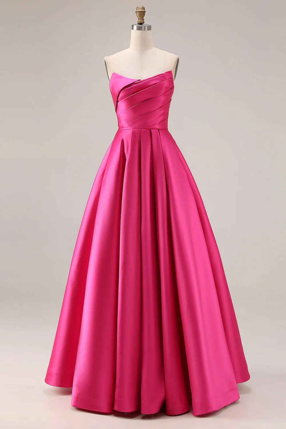 Elegant Hot Pink A-Line Strapless Pleated Bodice Satin Long Prom Dress sold by Zapaka
