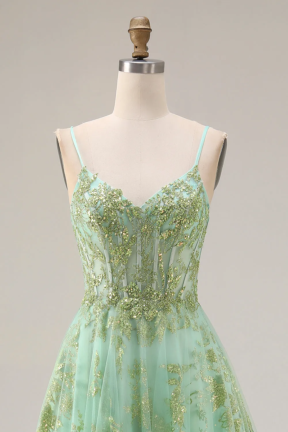Green A-Line Tulle Corset Beaded Long Prom Dress with Sequins sold by Zapaka product image thumbnail 4
