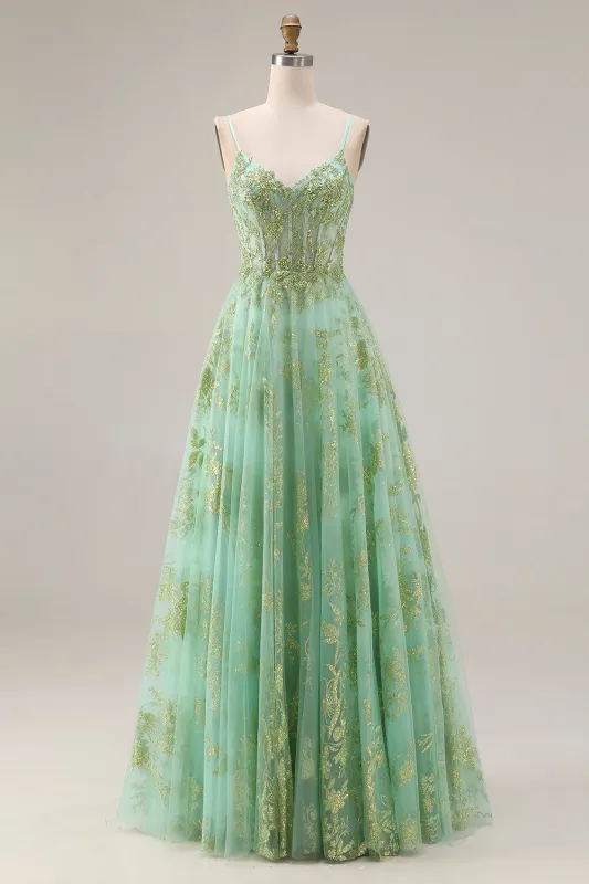 Green A-Line Tulle Corset Beaded Long Prom Dress with Sequins sold by Zapaka