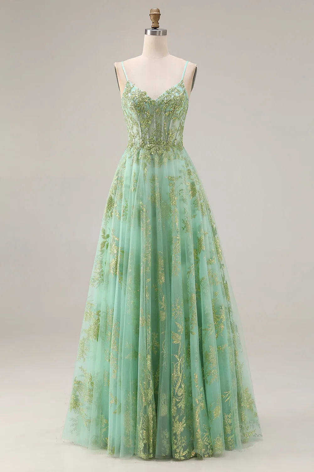 Green A-Line Tulle Corset Beaded Long Prom Dress with Sequins sold by Zapaka