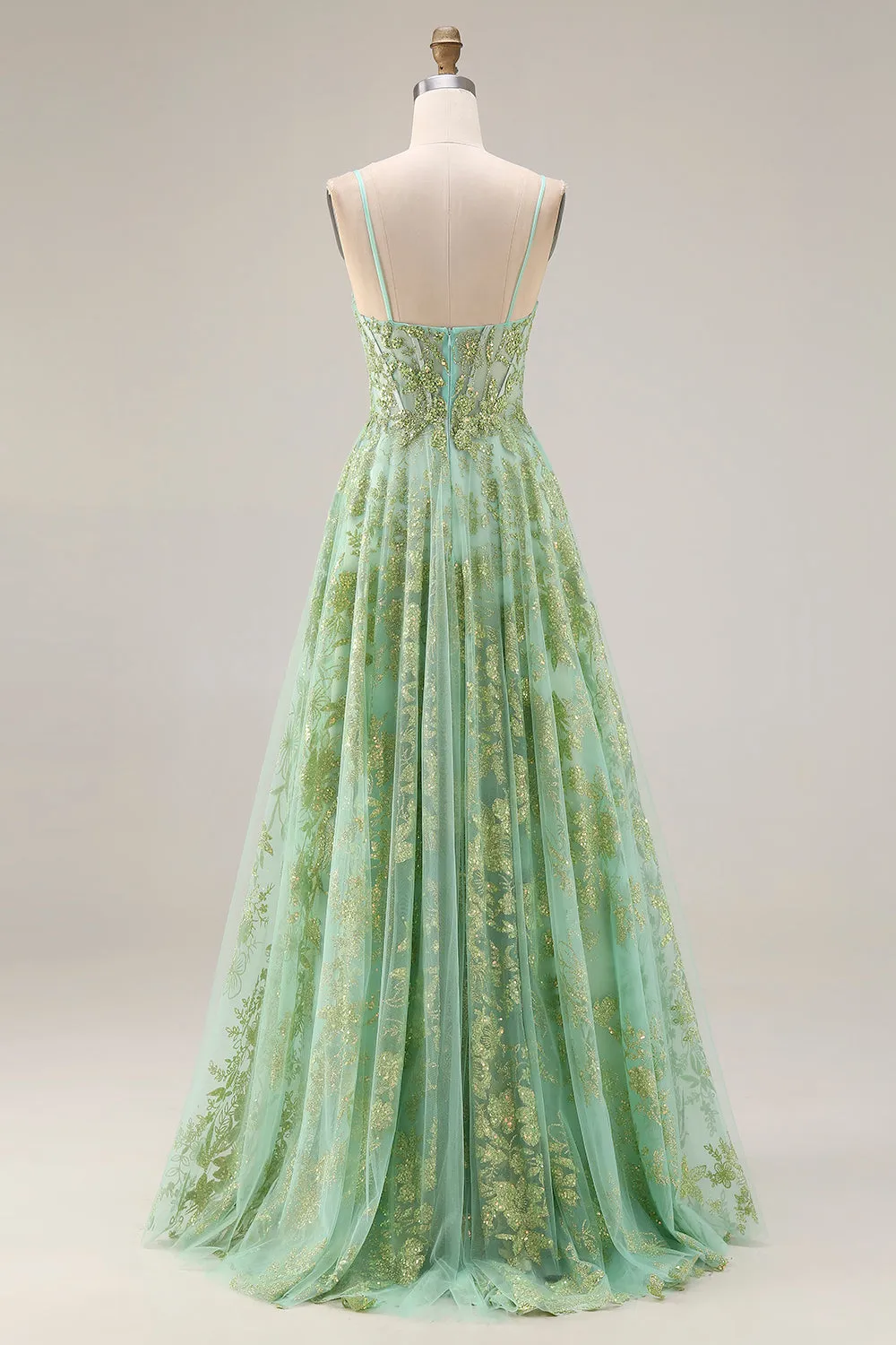 Green A-Line Tulle Corset Beaded Long Prom Dress with Sequins sold by Zapaka product image thumbnail 2