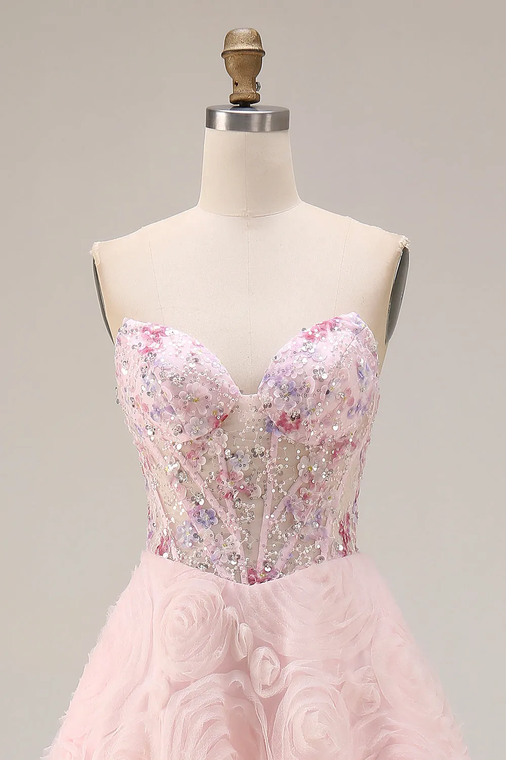 Pink A-Line Sequins Strapless Coeset Long Prom Dress with 3D Flowers sold by Zapaka product image thumbnail 4