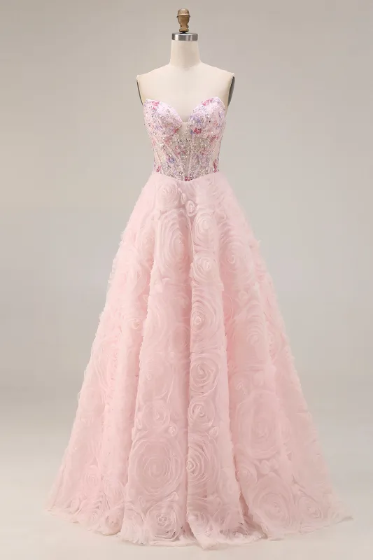 Pink A-Line Sequins Strapless Coeset Long Prom Dress with 3D Flowers sold by Zapaka