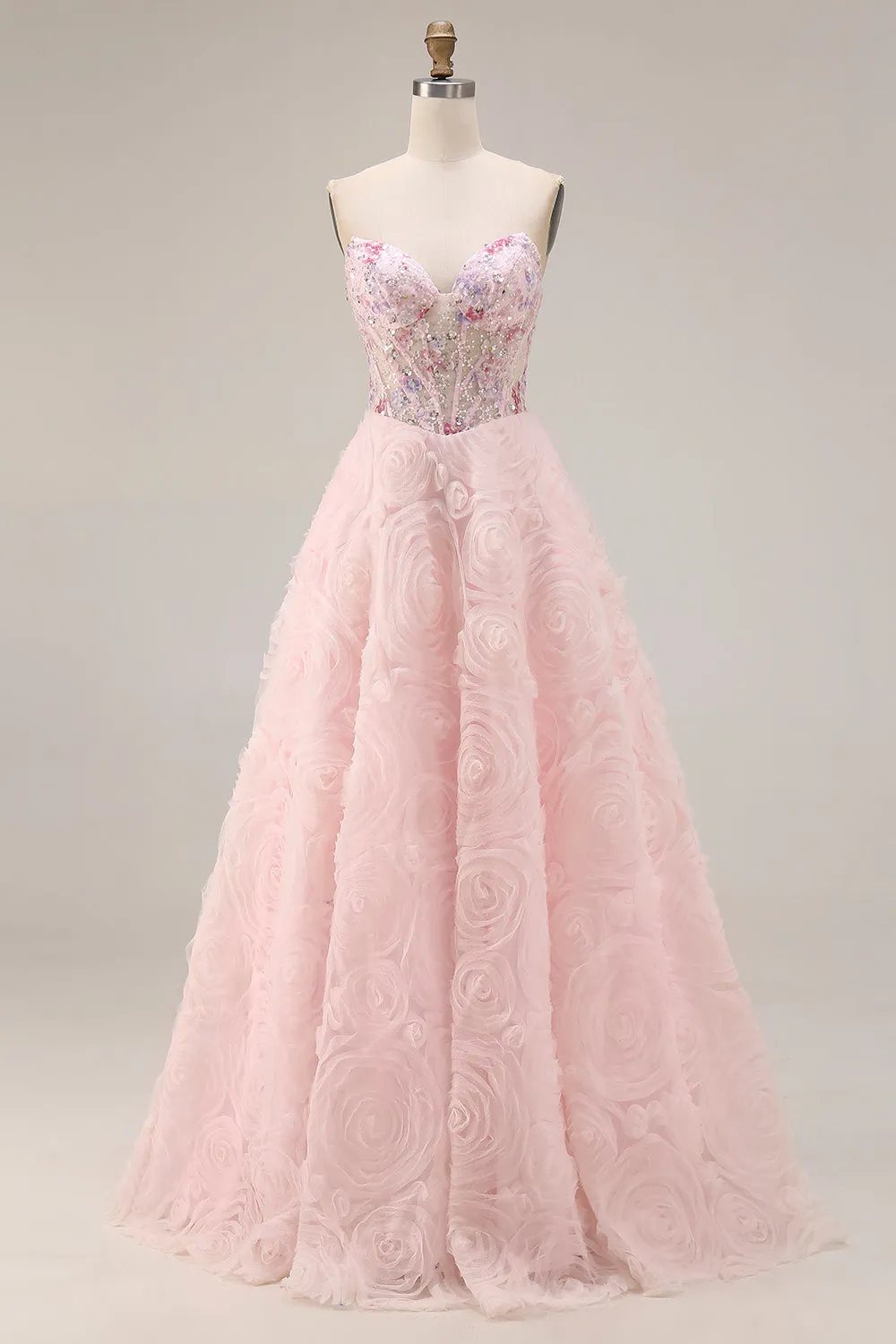 Pink A-Line Sequins Strapless Coeset Long Prom Dress with 3D Flowers sold by Zapaka
