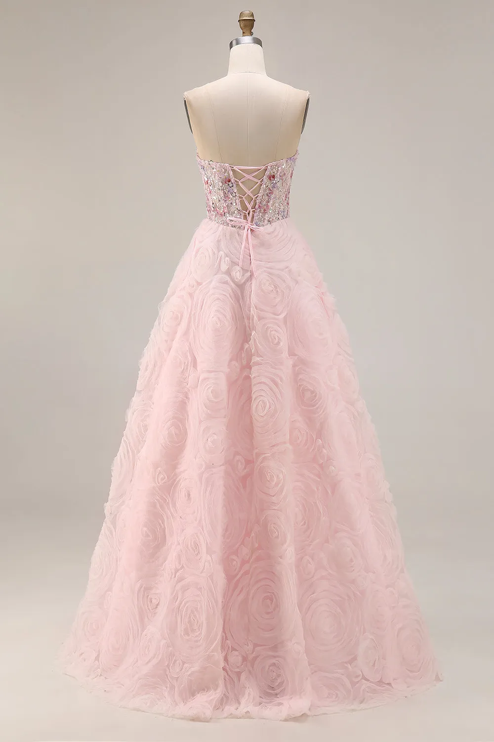 Pink A-Line Sequins Strapless Coeset Long Prom Dress with 3D Flowers sold by Zapaka product image thumbnail 2