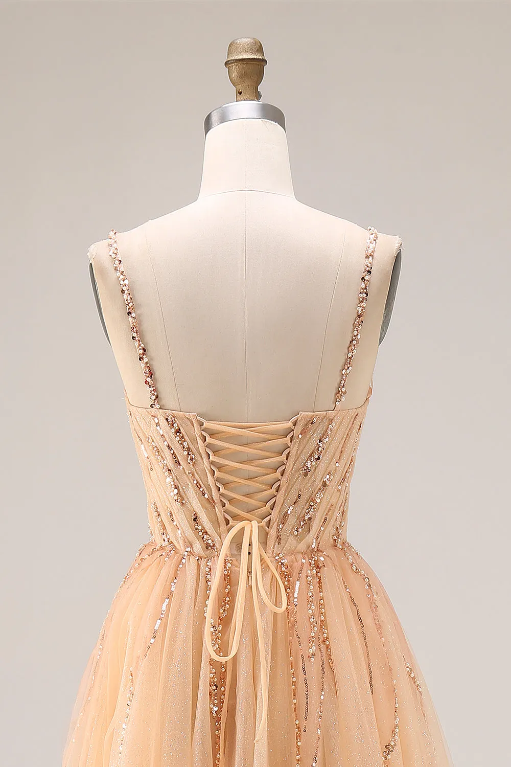 Sparkly Peach A-Line Tulle Long Prom Dress with Lace Up Back sold by Zapaka product image thumbnail 5