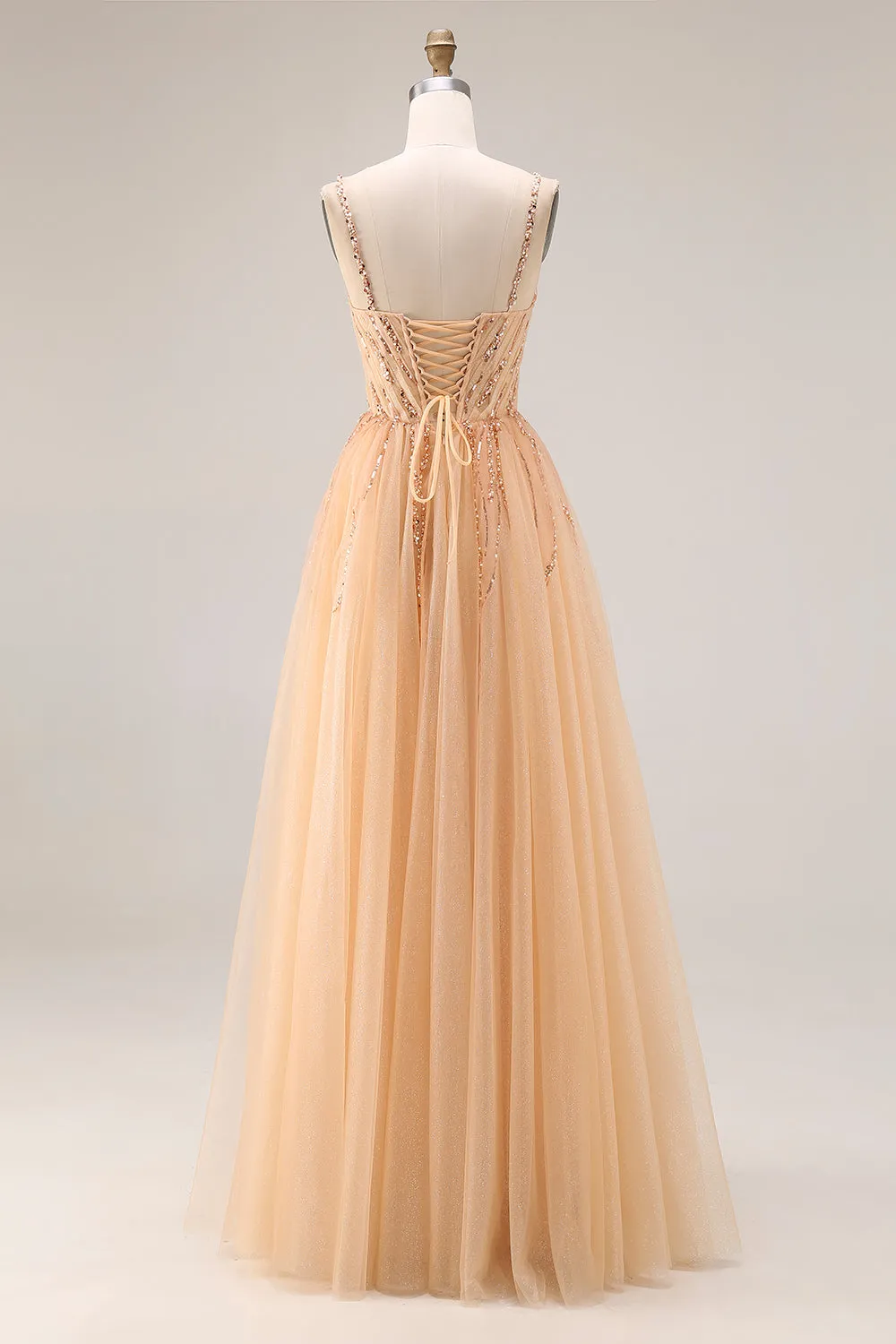 Sparkly Peach A-Line Tulle Long Prom Dress with Lace Up Back sold by Zapaka product image thumbnail 2
