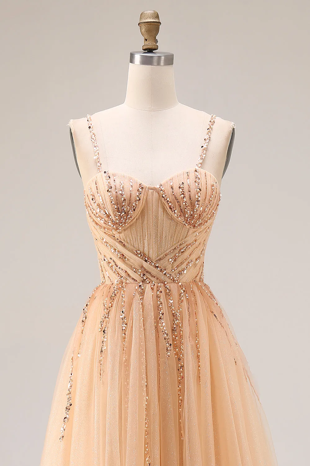 Sparkly Peach A-Line Tulle Long Prom Dress with Lace Up Back sold by Zapaka product image thumbnail 4