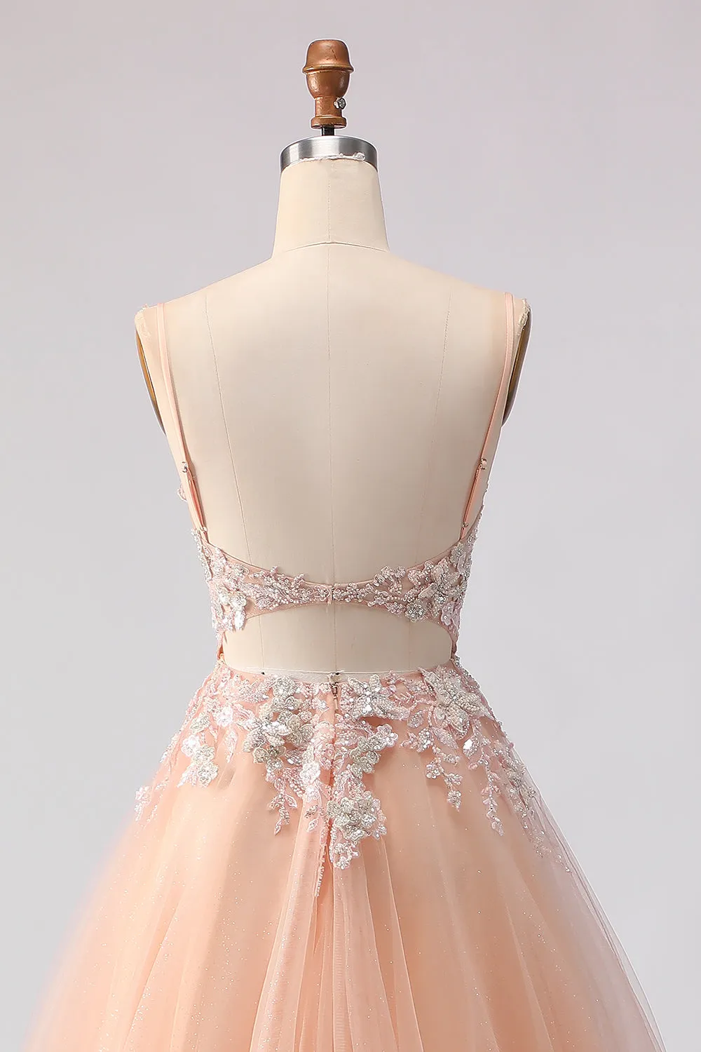 Sparkly A-Line Tulle Beaded Embroidered Champagne Long Prom Dress with Slit sold by Zapaka product image thumbnail 5