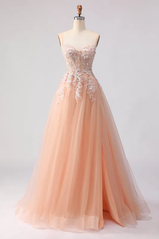 Sparkly A-Line Tulle Beaded Embroidered Champagne Long Prom Dress with Slit made by Zapaka