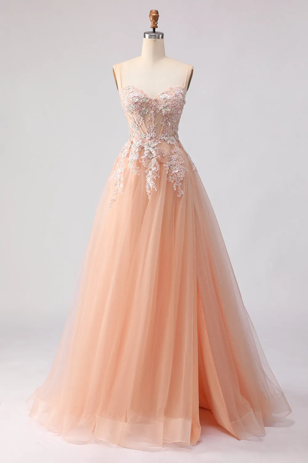 Sparkly A-Line Tulle Beaded Embroidered Champagne Long Prom Dress with Slit sold by Zapaka
