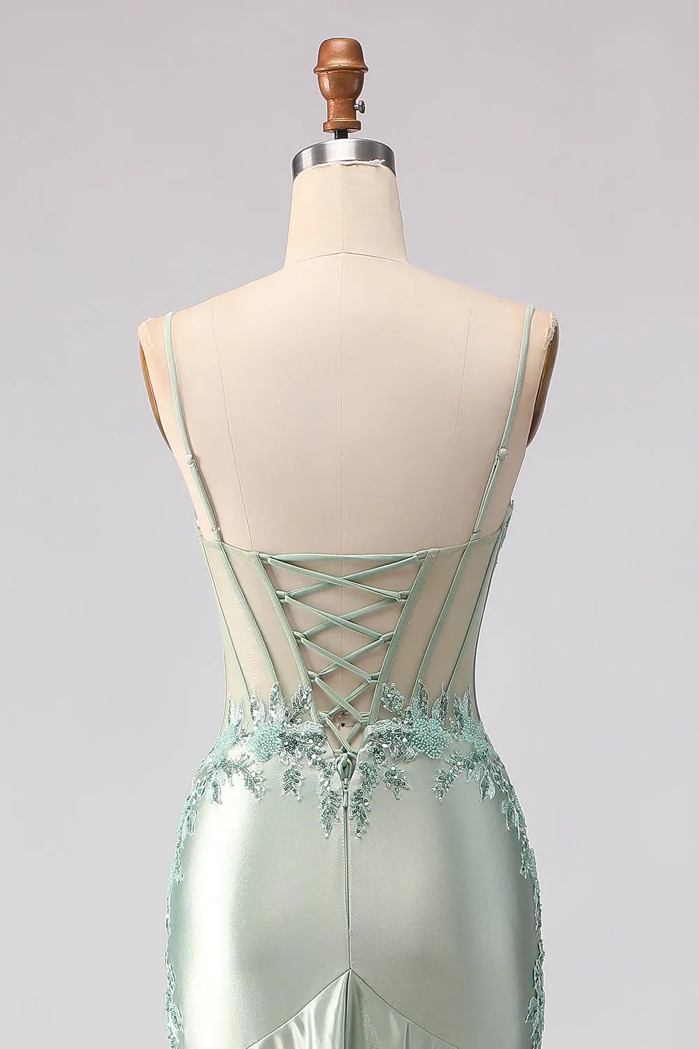 Light Green Mermaid Beaded Corset Ruffle Long Prom Dress with Lace Up Back sold by Zapaka product image thumbnail 5