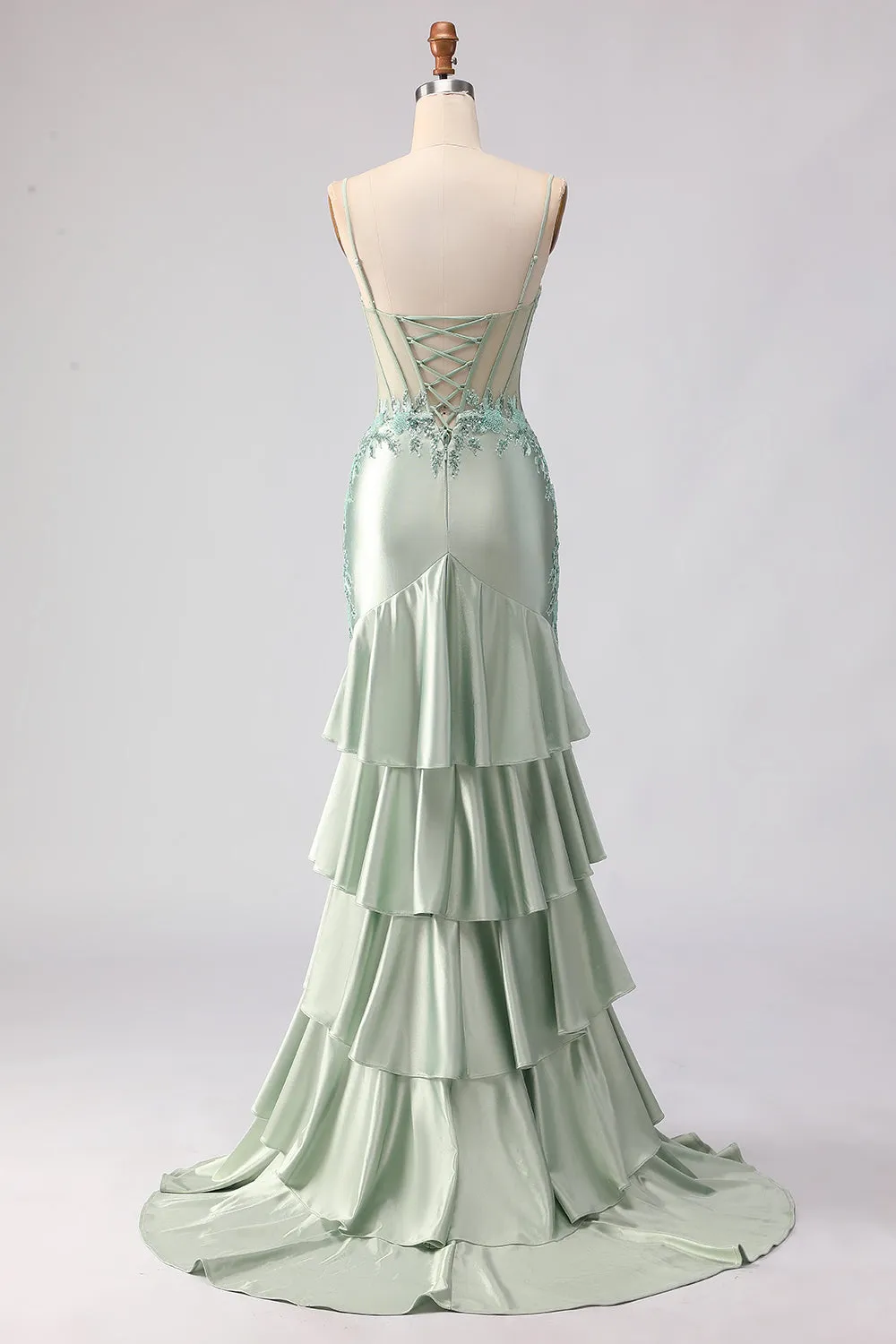 Light Green Mermaid Beaded Corset Ruffle Long Prom Dress with Lace Up Back sold by Zapaka product image thumbnail 2