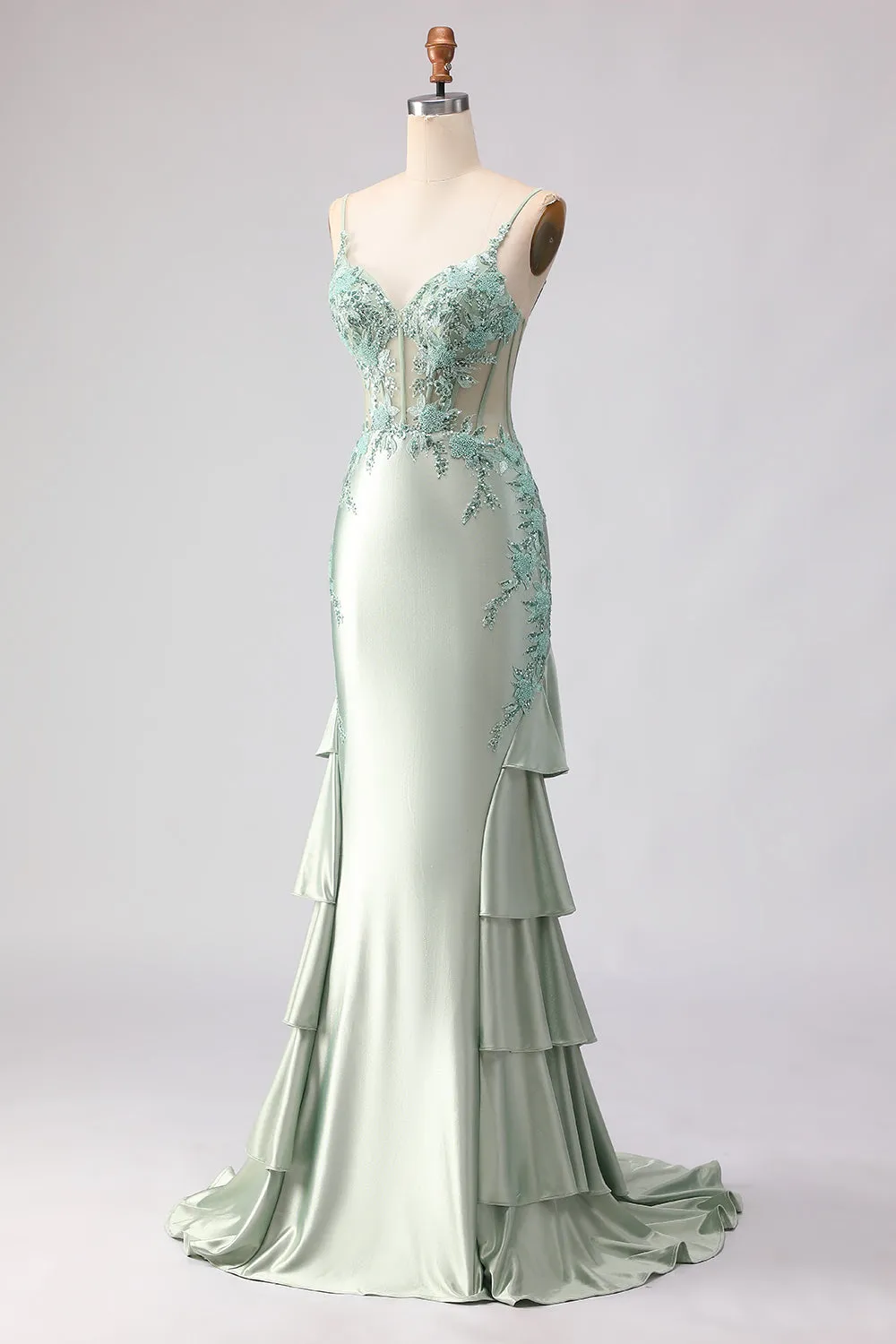 Light Green Mermaid Beaded Corset Ruffle Long Prom Dress with Lace Up Back sold by Zapaka product image thumbnail 3
