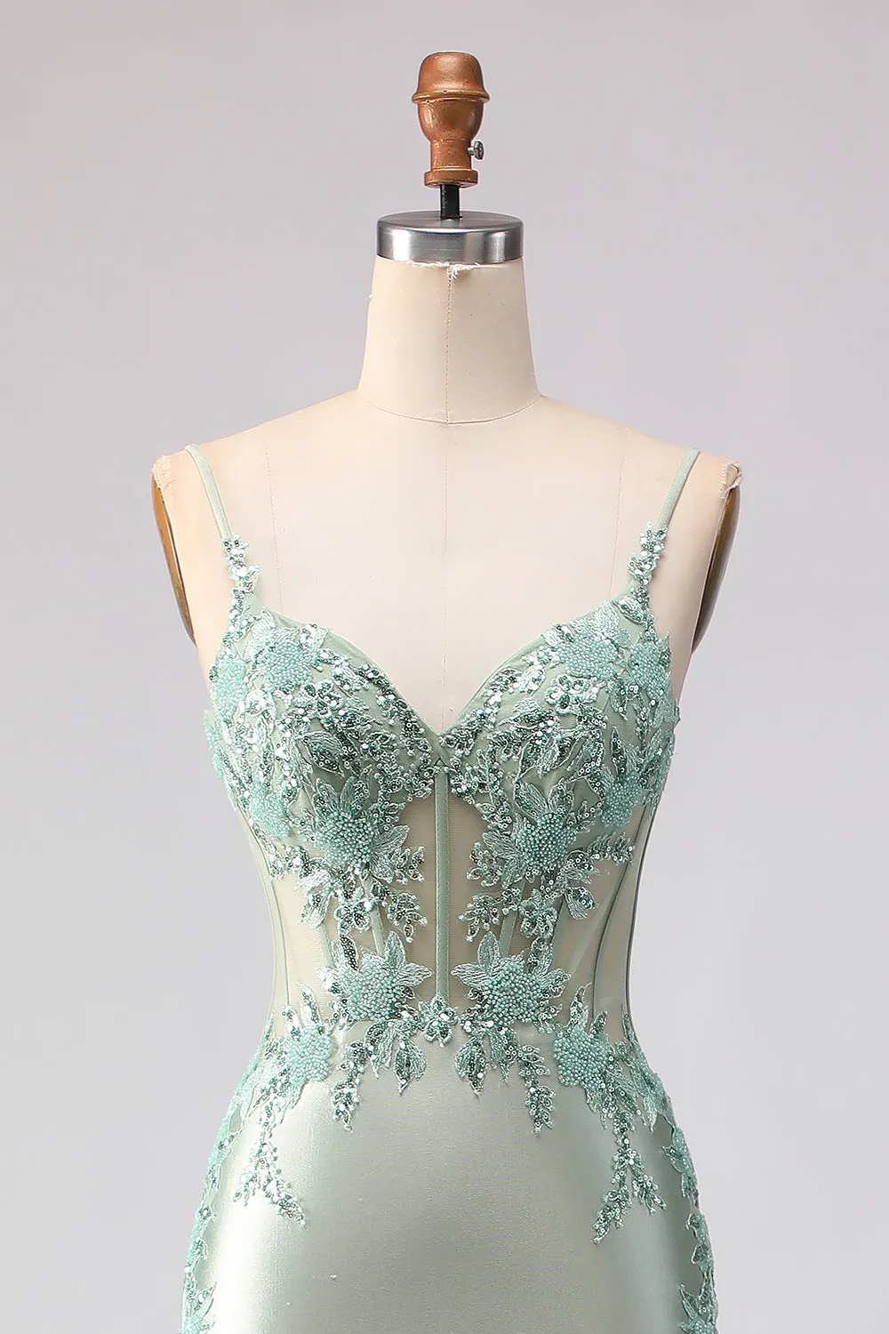 Light Green Mermaid Beaded Corset Ruffle Long Prom Dress with Lace Up Back sold by Zapaka product image thumbnail 4