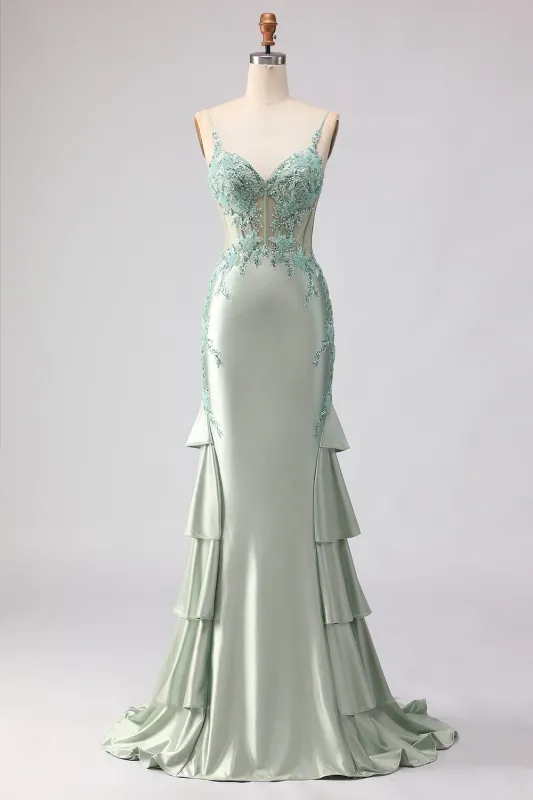 Light Green Mermaid Beaded Corset Ruffle Long Prom Dress with Lace Up Back sold by Zapaka