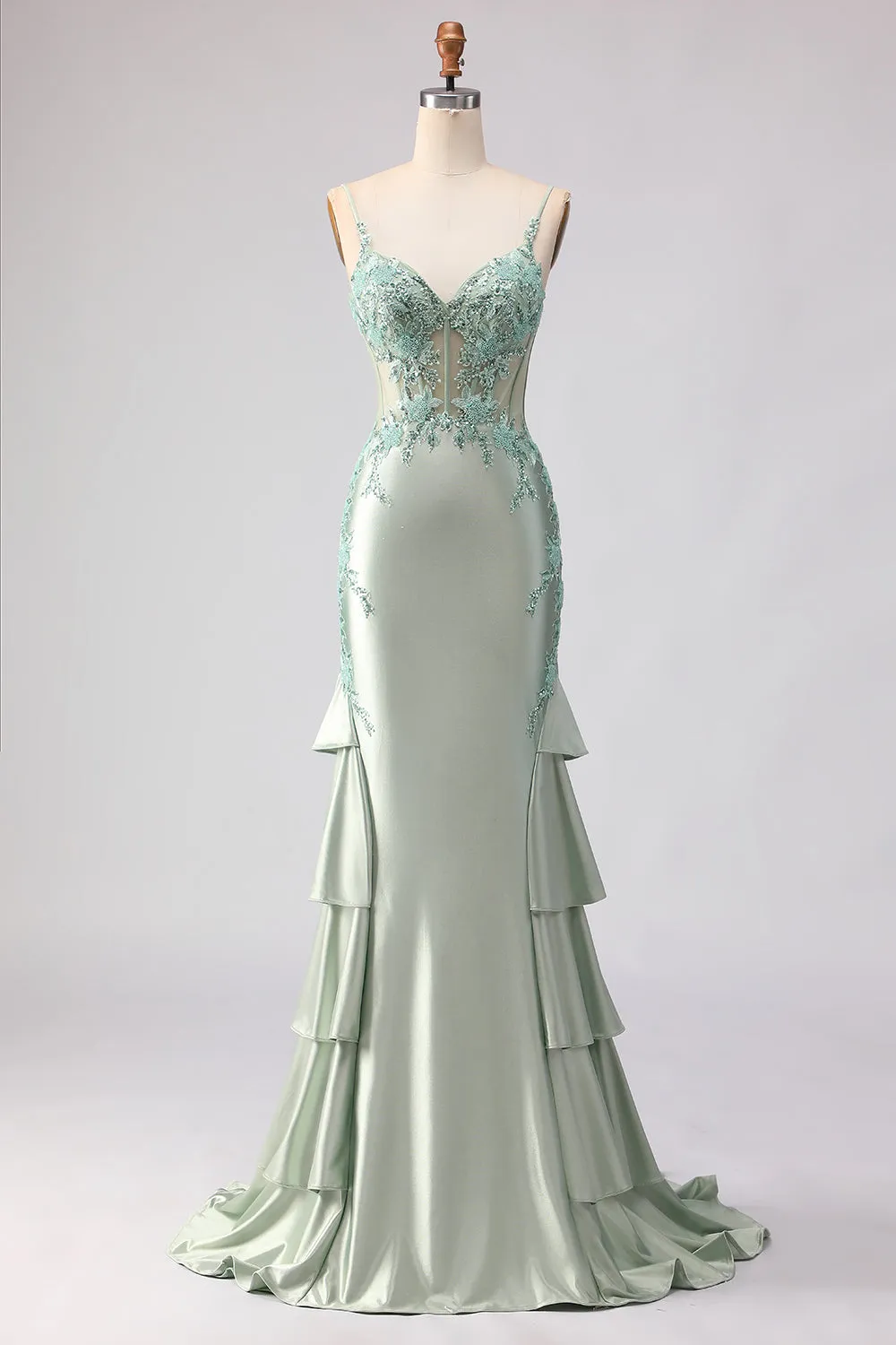Light Green Mermaid Beaded Corset Ruffle Long Prom Dress with Lace Up Back sold by Zapaka