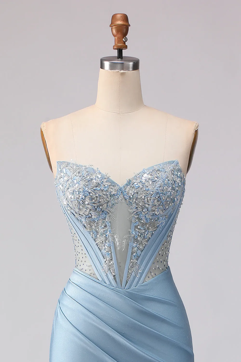 Sky Blue Strapless Mermaid Corset Beaded Long Prom Dress with Sequins sold by Zapaka product image thumbnail 4