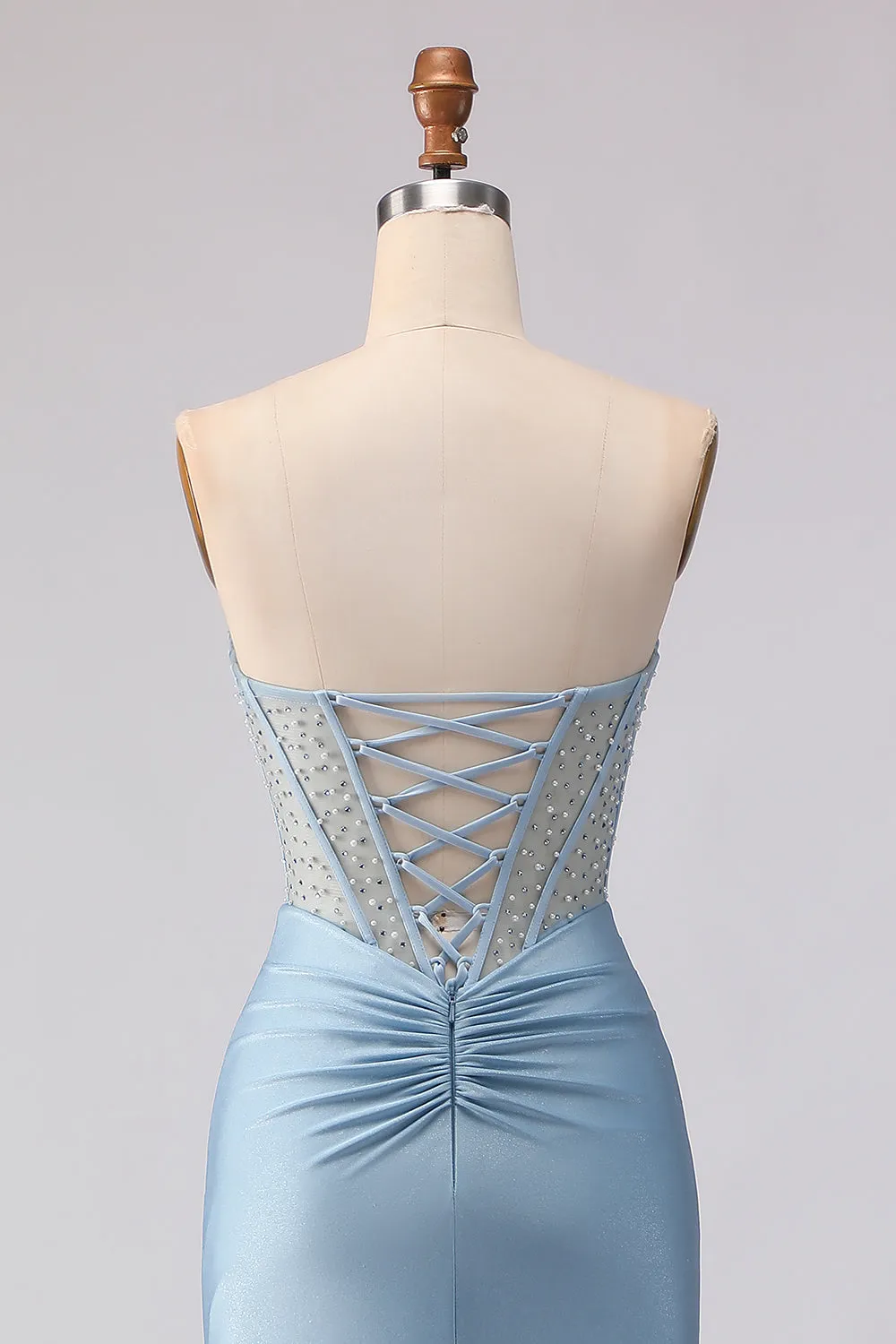 Sky Blue Strapless Mermaid Corset Beaded Long Prom Dress with Sequins sold by Zapaka product image thumbnail 5