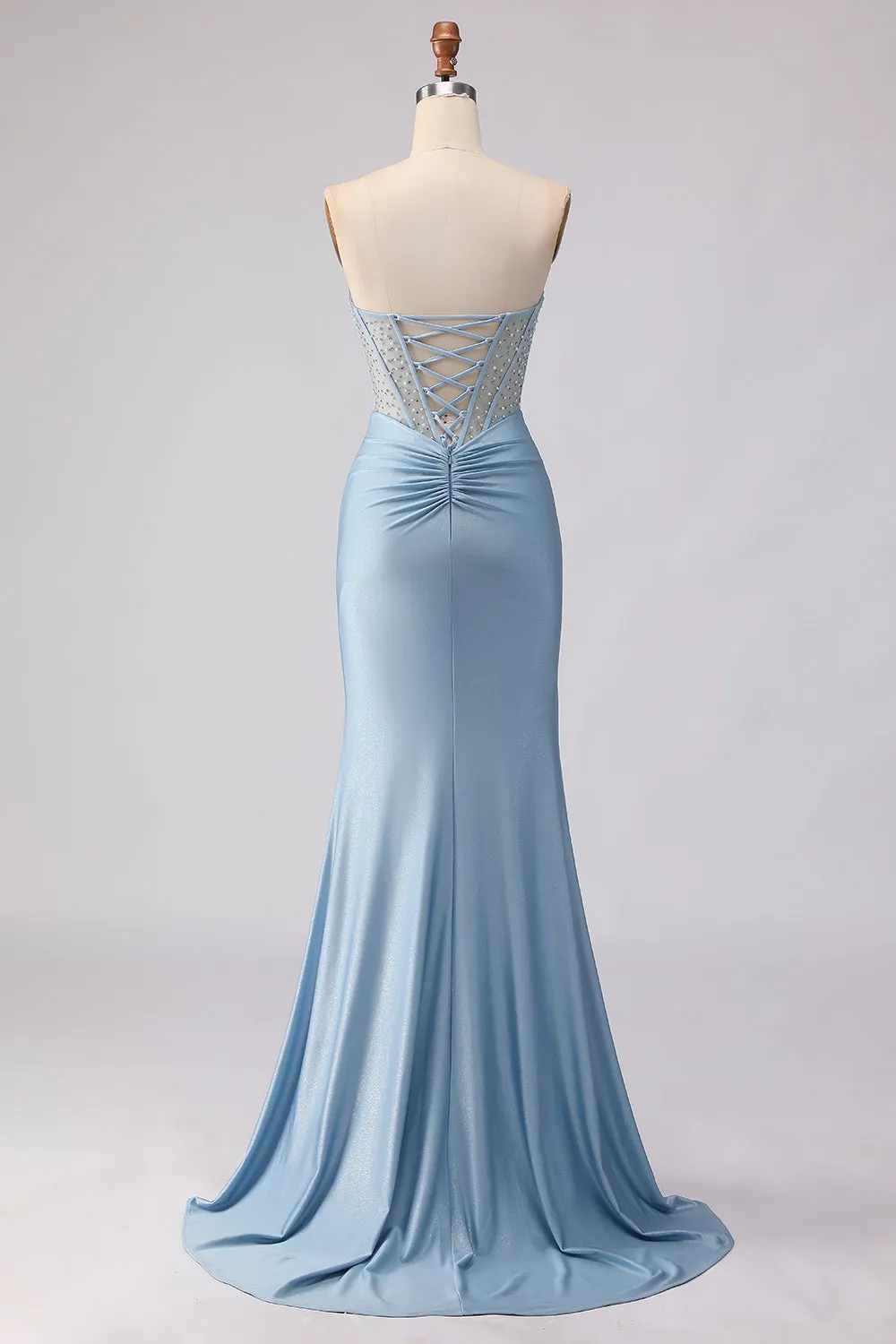 Sky Blue Strapless Mermaid Corset Beaded Long Prom Dress with Sequins sold by Zapaka product image thumbnail 2