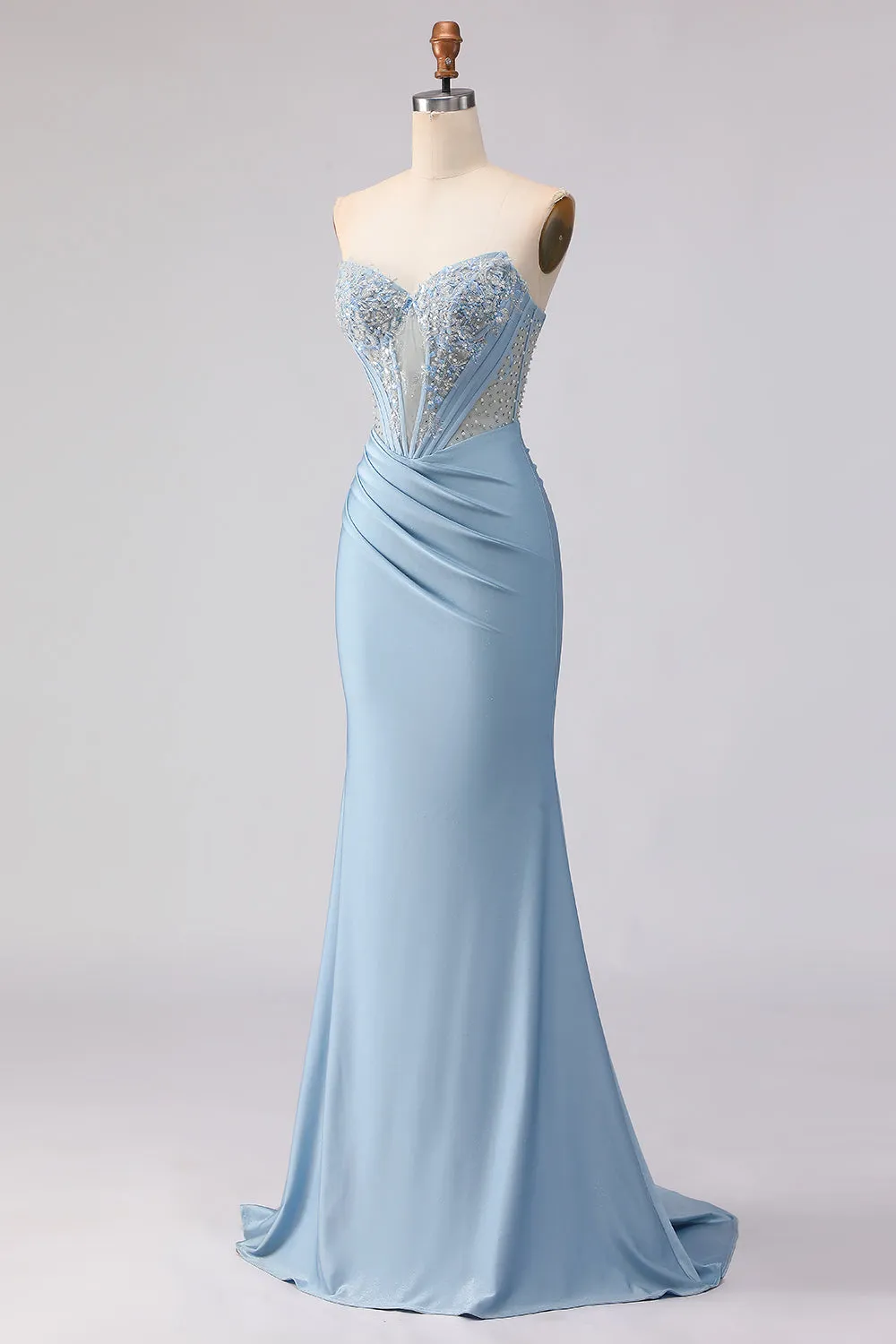 Sky Blue Strapless Mermaid Corset Beaded Long Prom Dress with Sequins sold by Zapaka product image thumbnail 3
