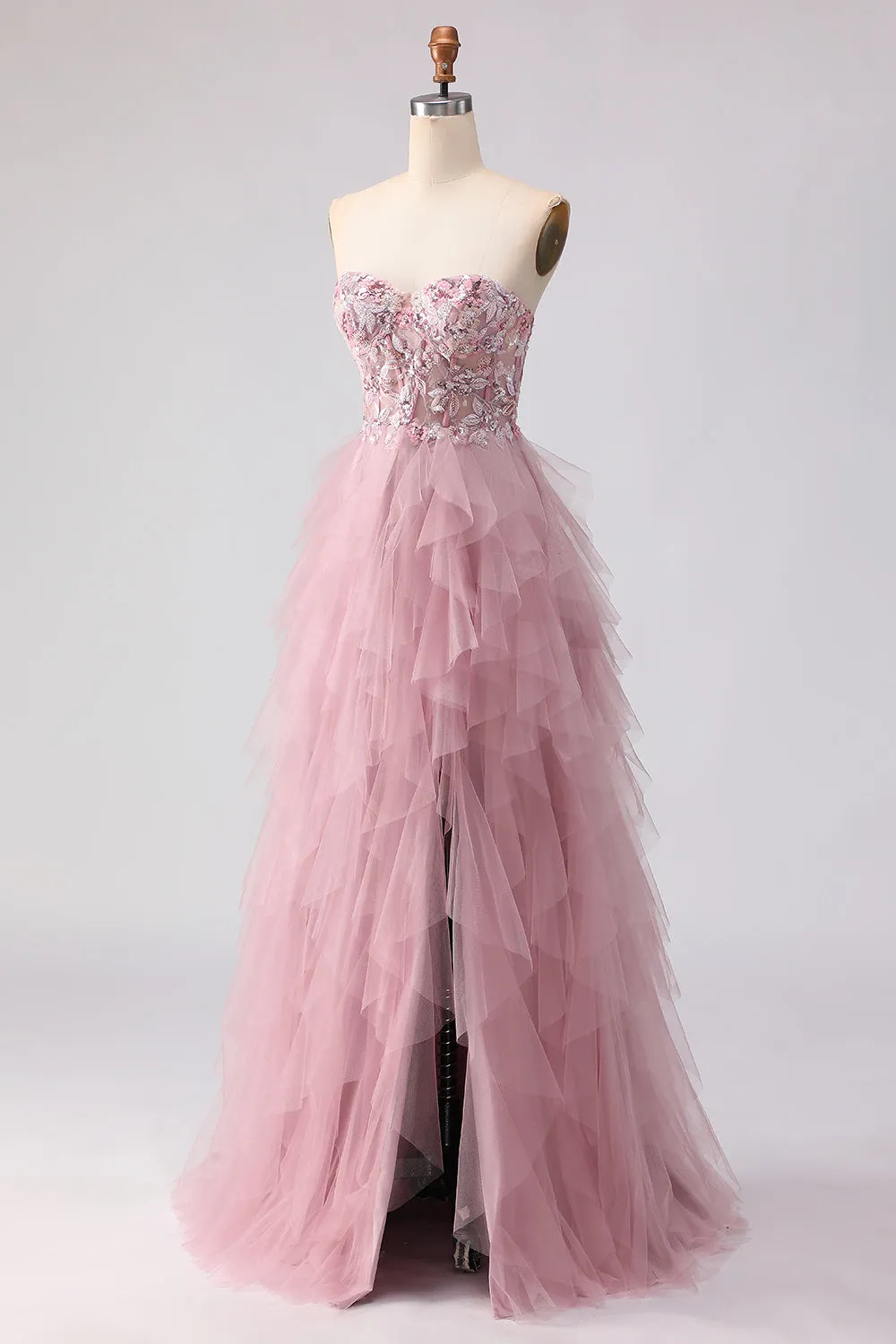 Pink Strapless A-Line Beaded Ruffled Long Prom Dress with Slit sold by Zapaka product image thumbnail 2