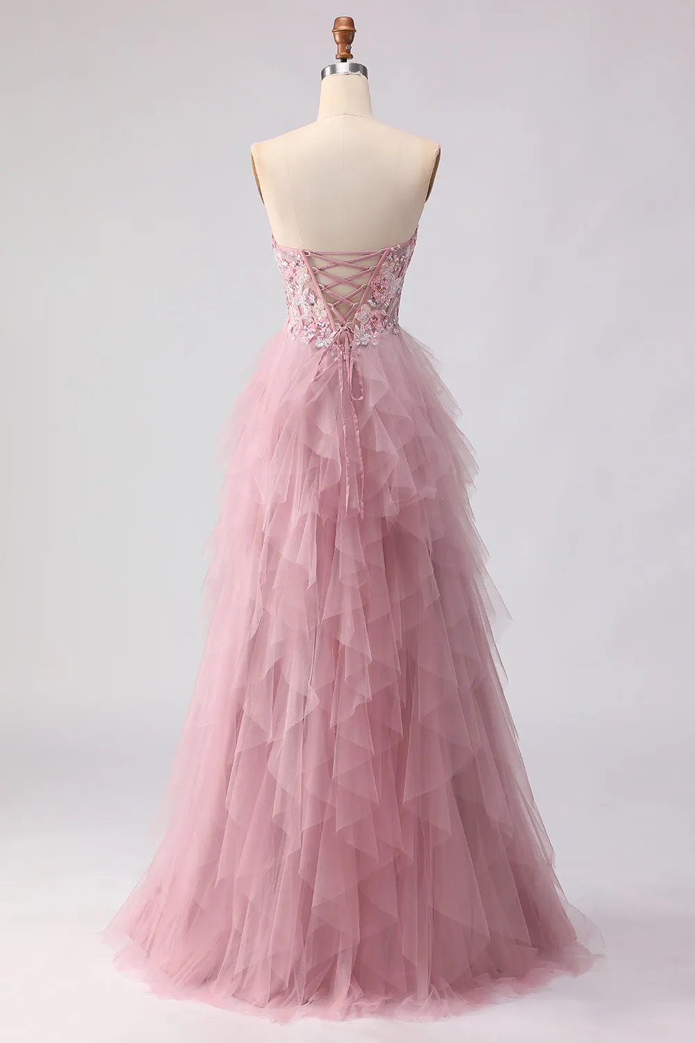 Pink Strapless A-Line Beaded Ruffled Long Prom Dress with Slit sold by Zapaka product image thumbnail 3