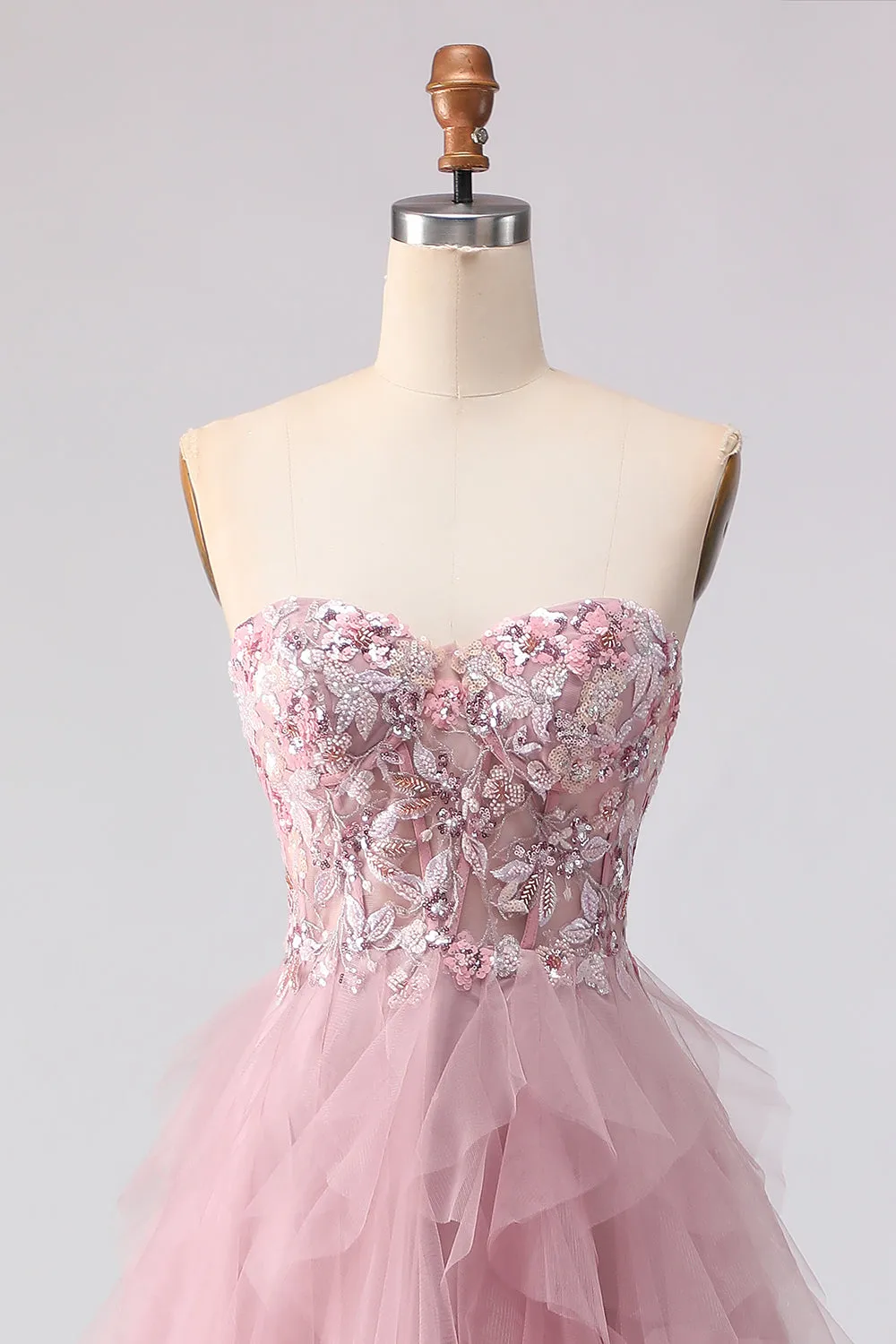 Pink Strapless A-Line Beaded Ruffled Long Prom Dress with Slit sold by Zapaka product image thumbnail 4