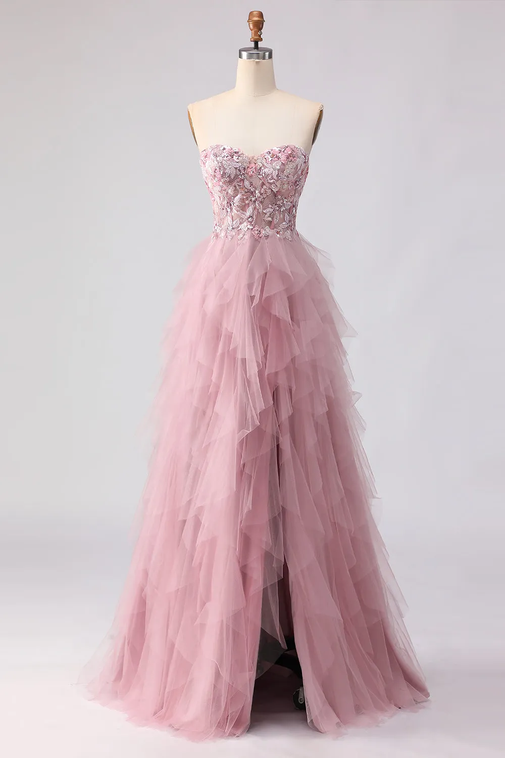 Pink Strapless A-Line Beaded Ruffled Long Prom Dress with Slit sold by Zapaka