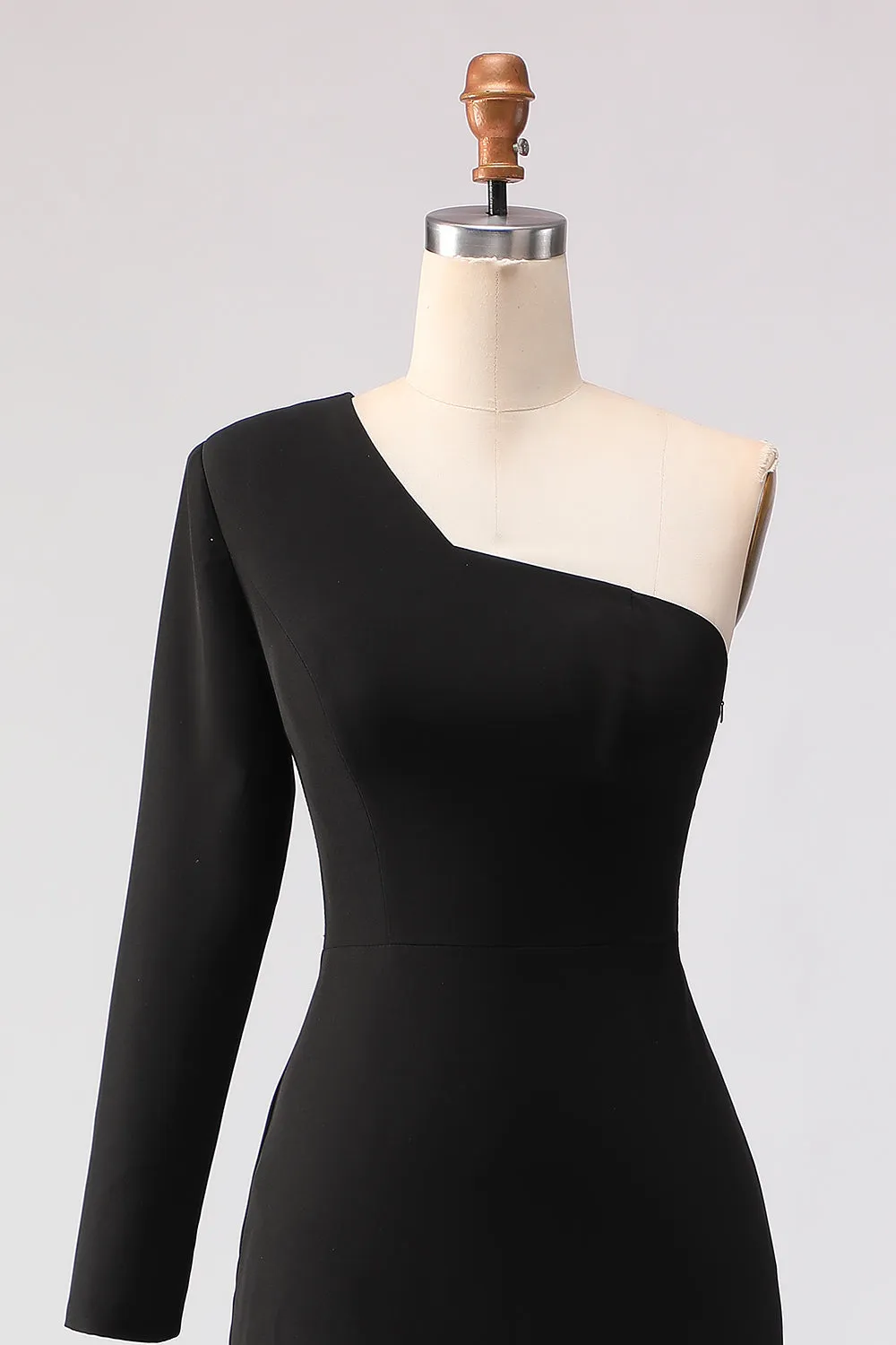 Black One Shoulder Mermaid Long Sleeve Satin Maxi Dress with Slit sold by Zapaka product image thumbnail 5